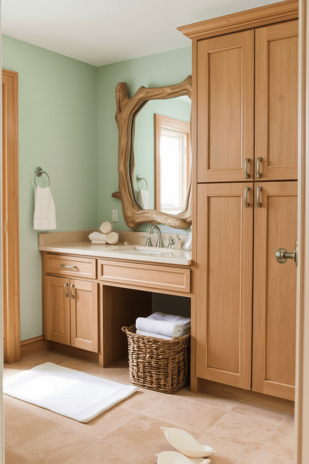 A serene beach bathroom setting featuring natural wood accents that create warmth and texture. The walls are painted in soft seafoam green, complemented by light wood cabinetry and a driftwood-inspired mirror. The floor is adorned with sandy beige tiles, evoking the feeling of a beach retreat. Decorative elements include a woven basket for towels and seashell accents placed on the countertop.