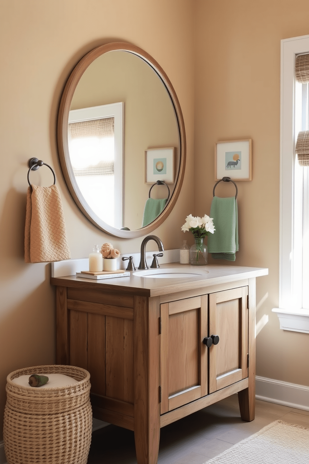 A wooden vanity with a weathered finish sits against the wall, exuding a relaxed coastal vibe. Above the vanity, a large round mirror reflects the natural light streaming in from the nearby window. The walls are painted in a soft sandy beige, creating a warm and inviting atmosphere. Accents of seafoam green and coral are incorporated through decorative elements like towels and artwork.