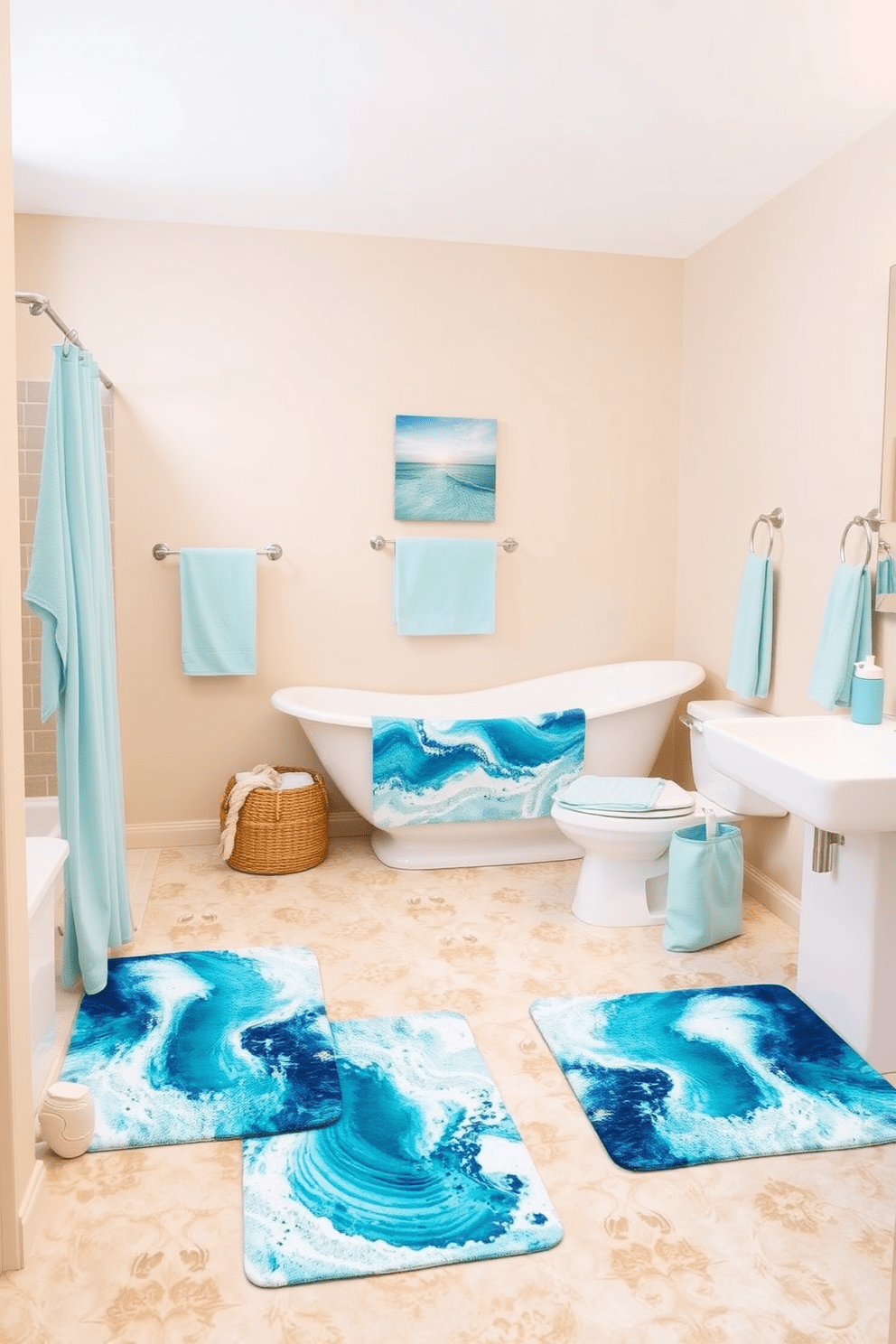 A serene beach bathroom setting featuring bath mats adorned with a vibrant ocean wave pattern. The walls are painted in a soft sandy beige, complemented by light blue accents throughout the space.