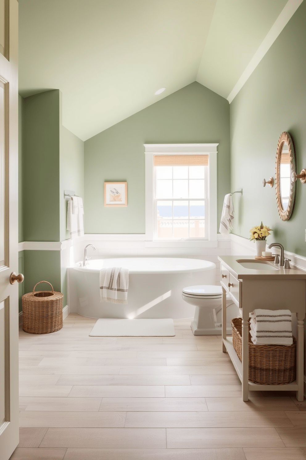 A tranquil beach bathroom setting. The walls are painted in soft muted greens, creating a serene atmosphere enhanced by natural light streaming through a large window. The flooring features light-colored wood planks that evoke a coastal vibe. Accents of sandy beige and crisp white in the decor, such as fluffy towels and seashell-themed accessories, complete the beach-inspired look.