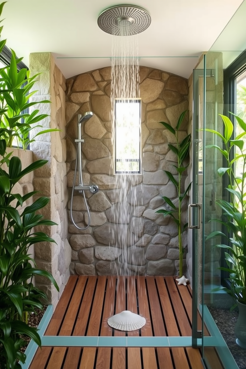 A serene outdoor-inspired shower featuring natural stone walls and a wooden slatted floor. Lush greenery surrounds the space, with a rainfall showerhead positioned above for a refreshing experience. The bathroom design incorporates beach-inspired elements such as soft blue tiles and seashell accents. Natural light floods the area through large windows, creating an airy and tranquil atmosphere.