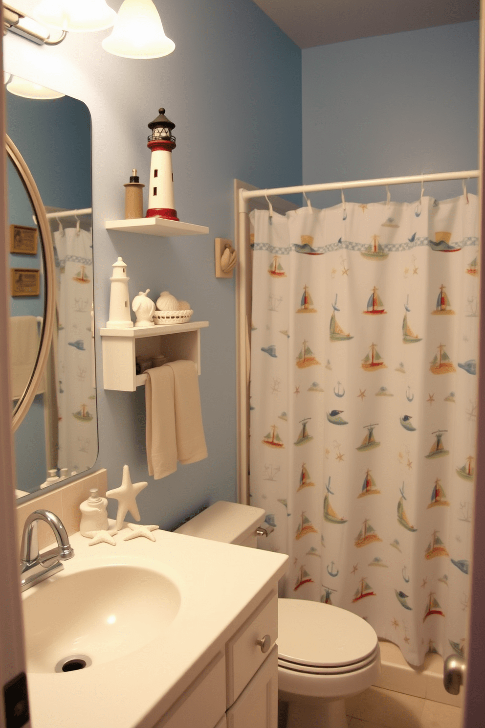 A charming beach bathroom featuring lighthouse decor adds a whimsical touch. The walls are painted in soft blue hues, reminiscent of the ocean, while decorative lighthouse figurines are placed on shelves and countertops. The shower curtain showcases a playful nautical pattern, complementing the theme. Seashells and starfish accents are scattered throughout, enhancing the coastal vibe of the space.