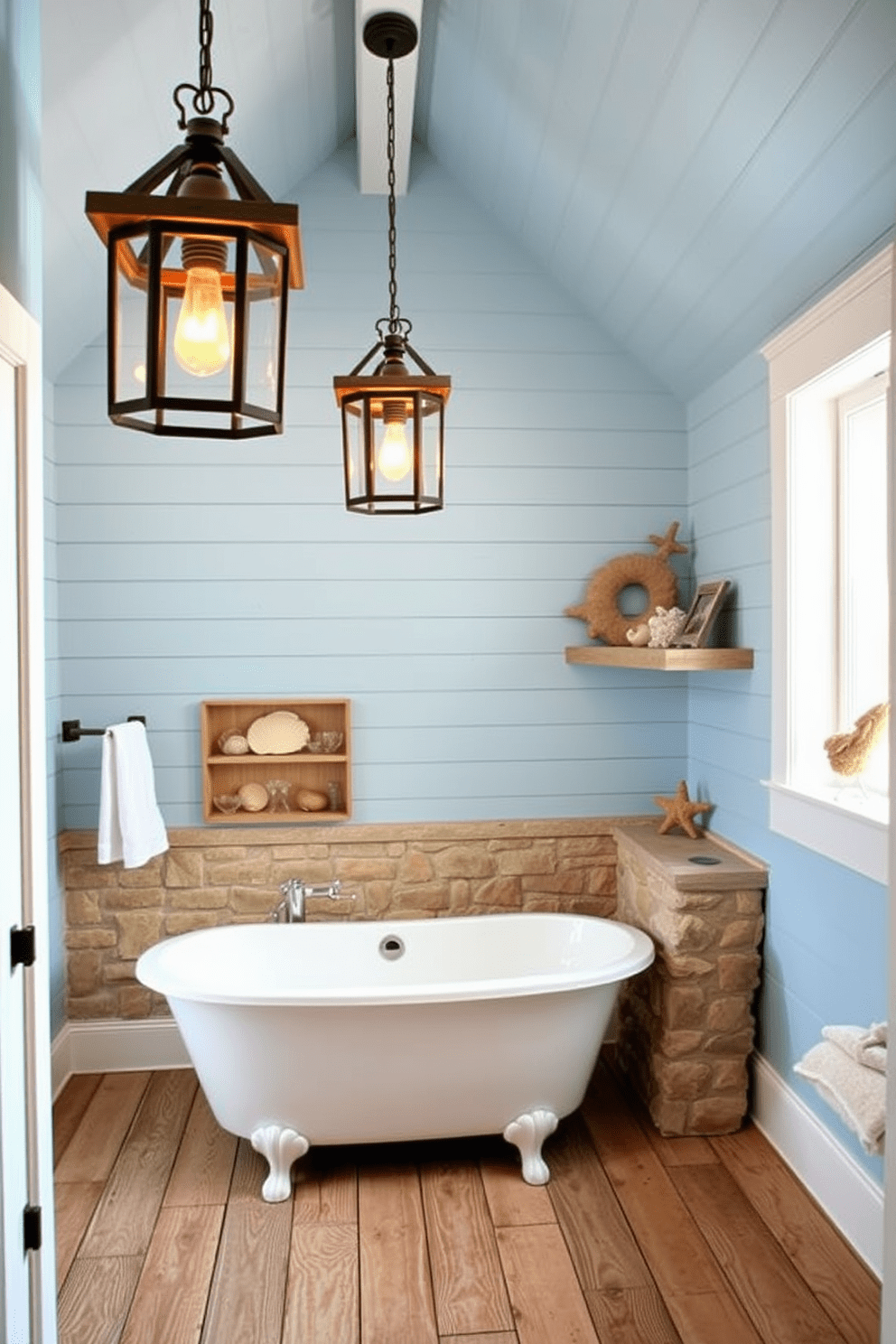 Rustic lanterns hang from the ceiling, casting a warm glow throughout the beach bathroom. The walls are adorned with soft blue shiplap, and the floor features weathered wood planks that enhance the coastal vibe. A freestanding soaking tub sits in the corner, surrounded by natural stone accents. Nautical decor elements like seashells and driftwood are thoughtfully placed on open shelves, creating a serene and inviting atmosphere.