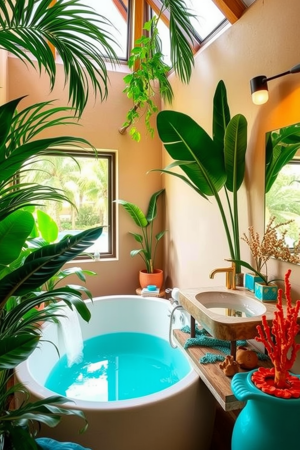 Tropical plants are strategically placed throughout the space, adding a vibrant and lush feel to the bathroom. The design features a large window that allows natural light to flood in, highlighting the greenery and creating a serene atmosphere. The walls are painted in a soft sandy beige, reminiscent of a beach retreat. Accents of turquoise and coral are incorporated in the decor, complementing the tropical theme and enhancing the overall coastal vibe.