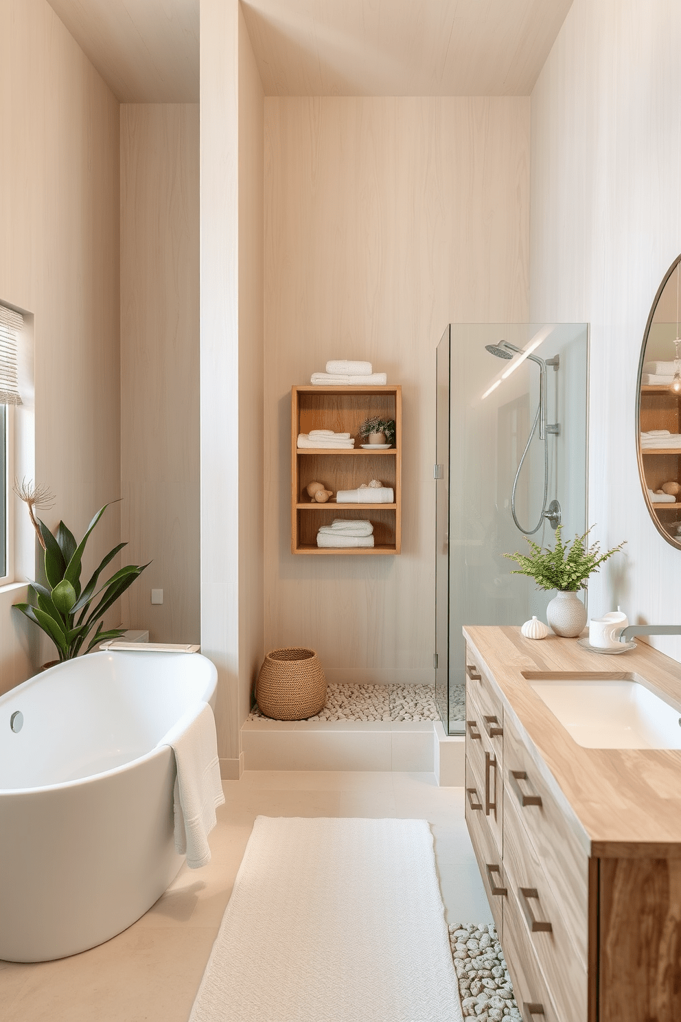 A serene beach bathroom setting. Sandy beige tones dominate the space, creating a calming atmosphere with natural textures. The walls are adorned with soft beige paint, complemented by light wood accents. A freestanding bathtub sits in the corner, surrounded by plants and decorative shells. A spacious shower area features a glass enclosure with pebble tile flooring. Soft white towels are neatly arranged on a wooden shelf, enhancing the beachy vibe. The vanity is crafted from driftwood, with a smooth white countertop and a round mirror above. Ambient lighting creates a warm glow, perfect for relaxation after a day at the beach.