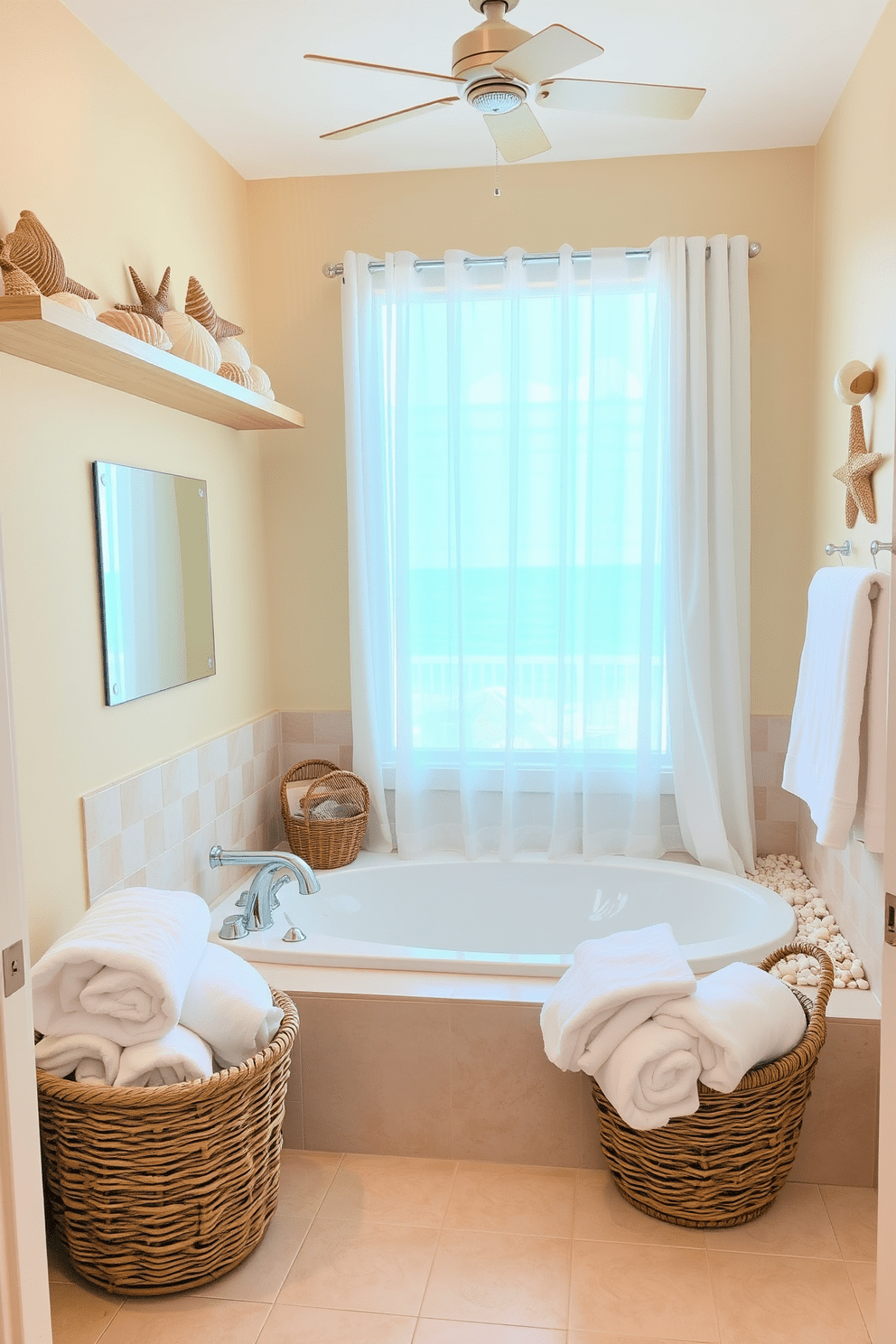 A serene beach bathroom setting adorned with seashell decor. The walls are painted in soft sandy beige, while decorative seashells are artfully arranged on shelves and the countertop. Natural light filters through sheer white curtains, illuminating a spacious soaking tub surrounded by pebbles and small shells. A woven basket holds fluffy white towels, enhancing the beachy vibe of the room.