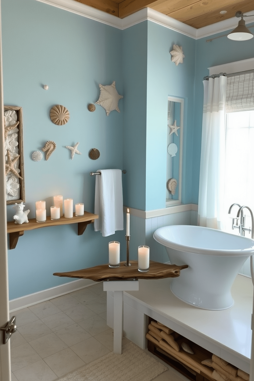 A serene beach bathroom infused with ocean breeze scents. The space features soft blue walls adorned with seashell decor and natural wood accents throughout. A freestanding bathtub overlooks a window with sheer white curtains, allowing sunlight to filter in. Elegant candles are placed on a driftwood shelf, creating a calming ambiance that enhances relaxation.