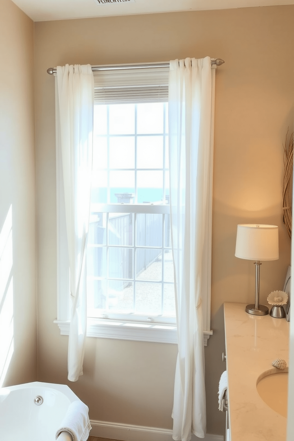 Light and airy window treatments enhance the natural light in a beach bathroom. Soft white sheer curtains frame a large window, allowing gentle ocean breezes to flow through while providing privacy. The bathroom features a coastal-inspired color palette with sandy beige walls and seafoam green accents. Nautical decor elements, like a driftwood mirror and seashell accents, create a serene beach getaway atmosphere.