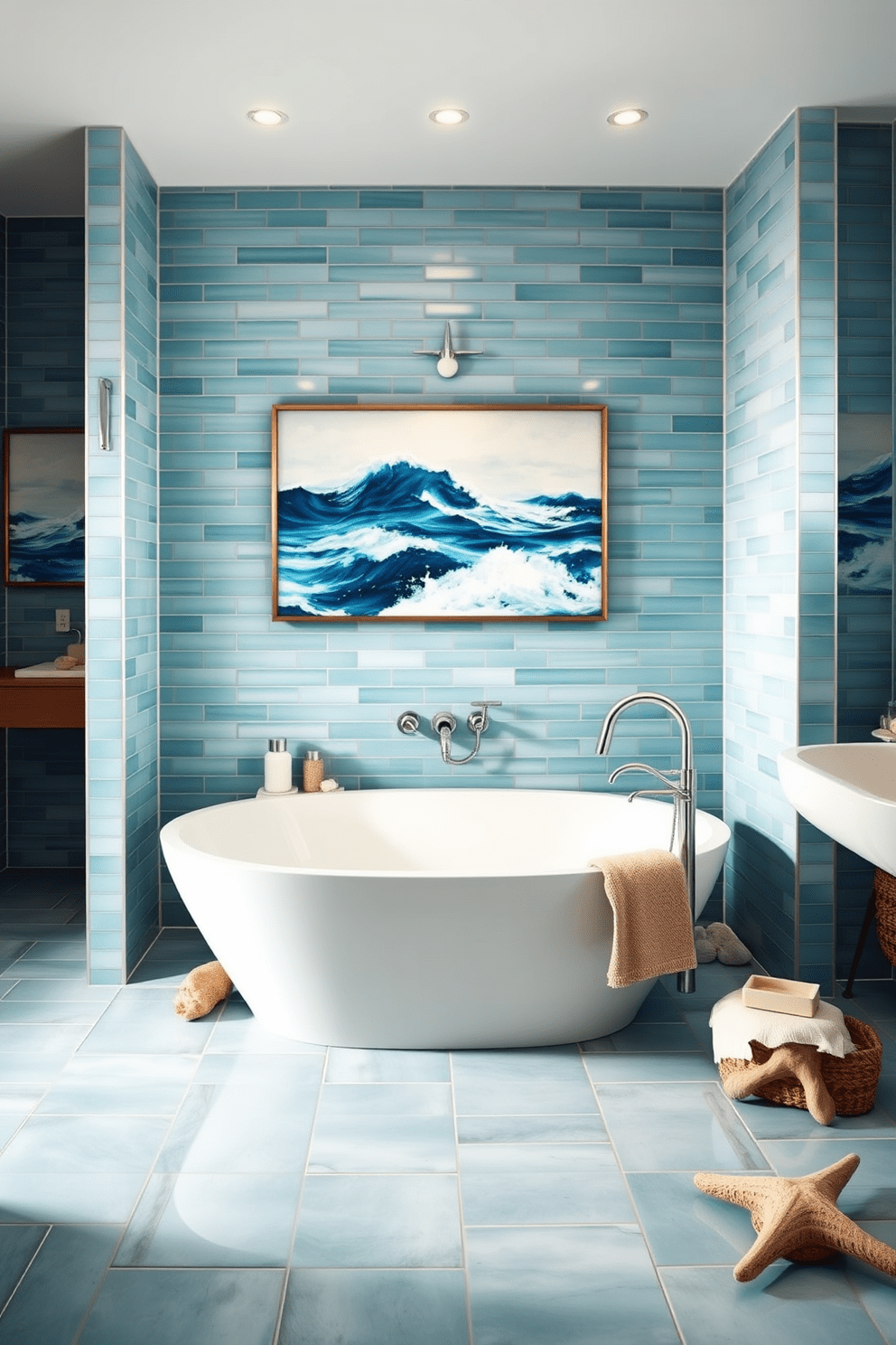 Ocean inspired artwork adorns the walls creating a serene atmosphere. The bathroom features soft blue tiles that mimic the colors of the sea. A freestanding bathtub sits in the center, surrounded by natural stone accents. Nautical themed accessories such as seashells and driftwood complete the coastal vibe.