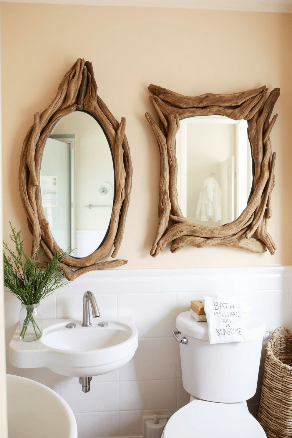 A beach bathroom design featuring driftwood mirrors that add rustic charm. The space includes soft sandy tones with ocean-inspired decor, creating a serene coastal atmosphere.