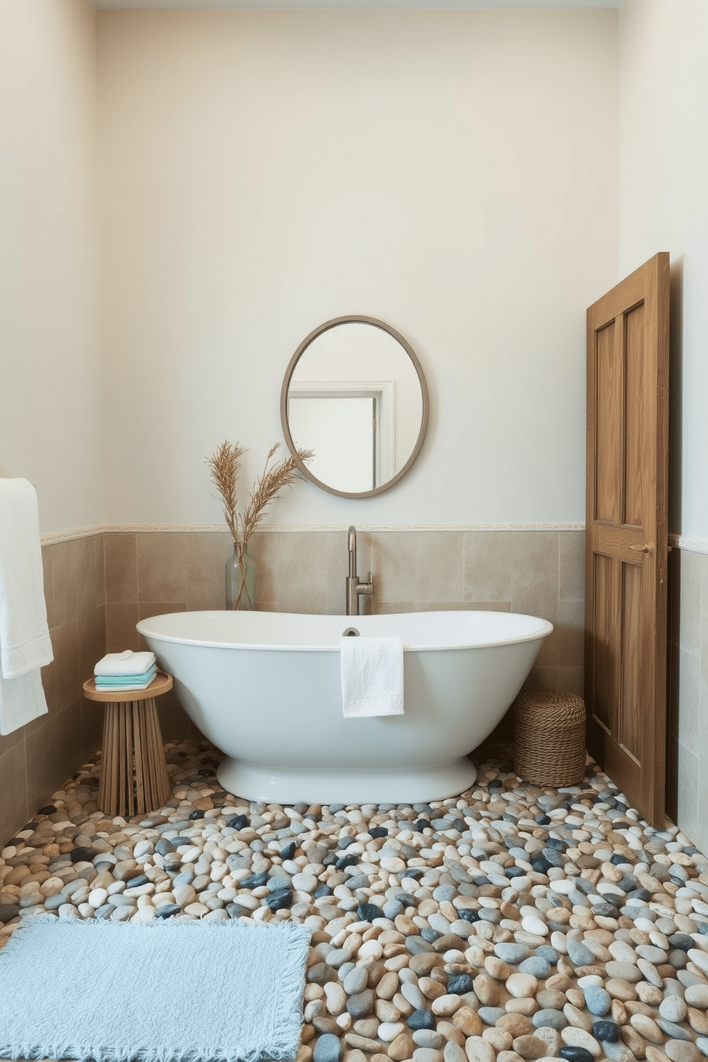 A beach bathroom featuring pebble stone flooring that creates a natural and organic atmosphere. The walls are painted in soft sandy tones, complemented by light blue accents that evoke the colors of the ocean.