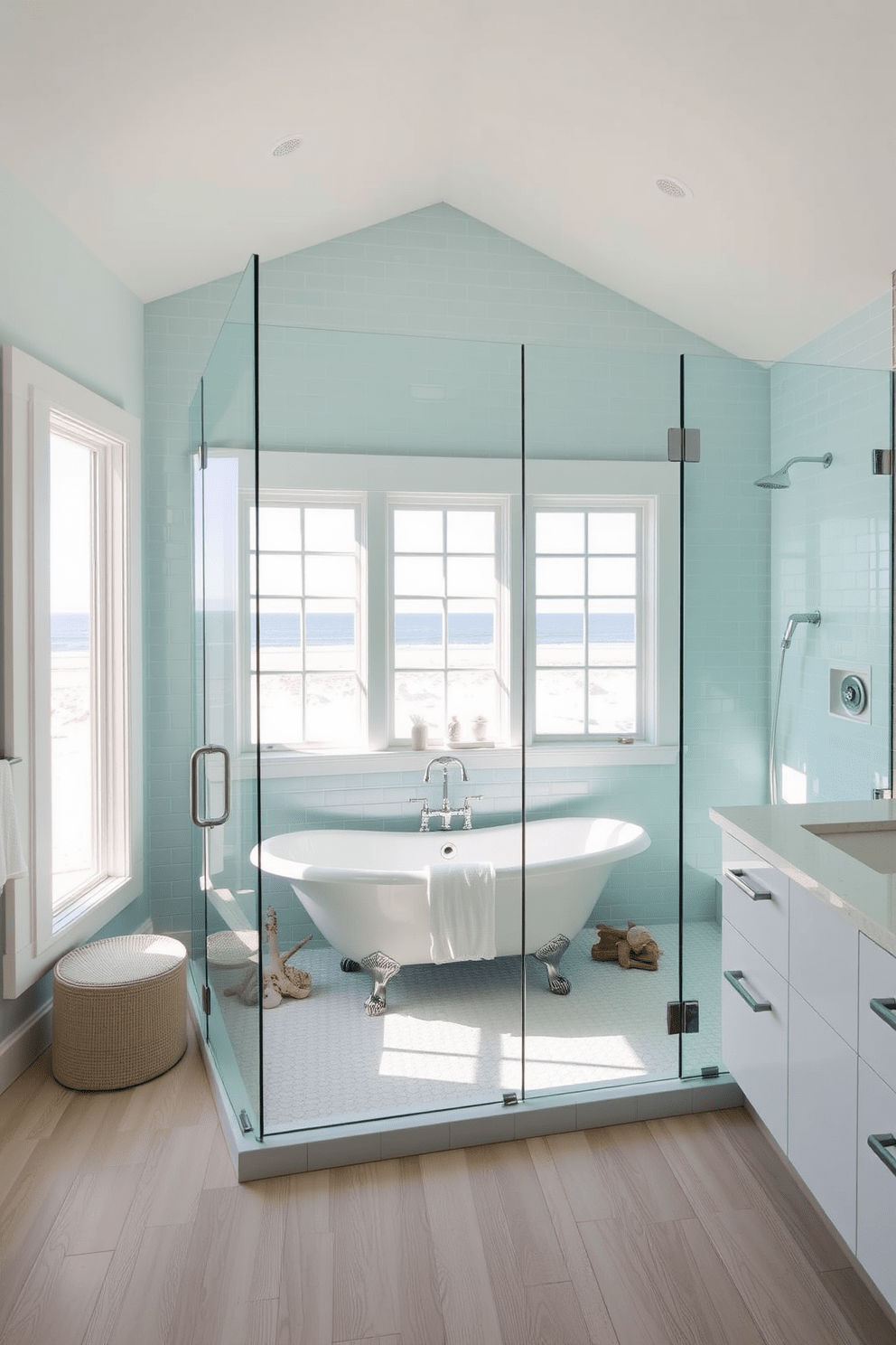 A serene beach bathroom design featuring a spacious glass shower enclosure that creates an open and airy feel. The walls are adorned with soft blue tiles that mimic the colors of the ocean, while natural light floods the space through large windows. A freestanding tub sits elegantly in the corner, surrounded by coastal decor such as seashells and driftwood accents. The flooring consists of light-colored wood planks, enhancing the beachy atmosphere and providing warmth to the overall design.