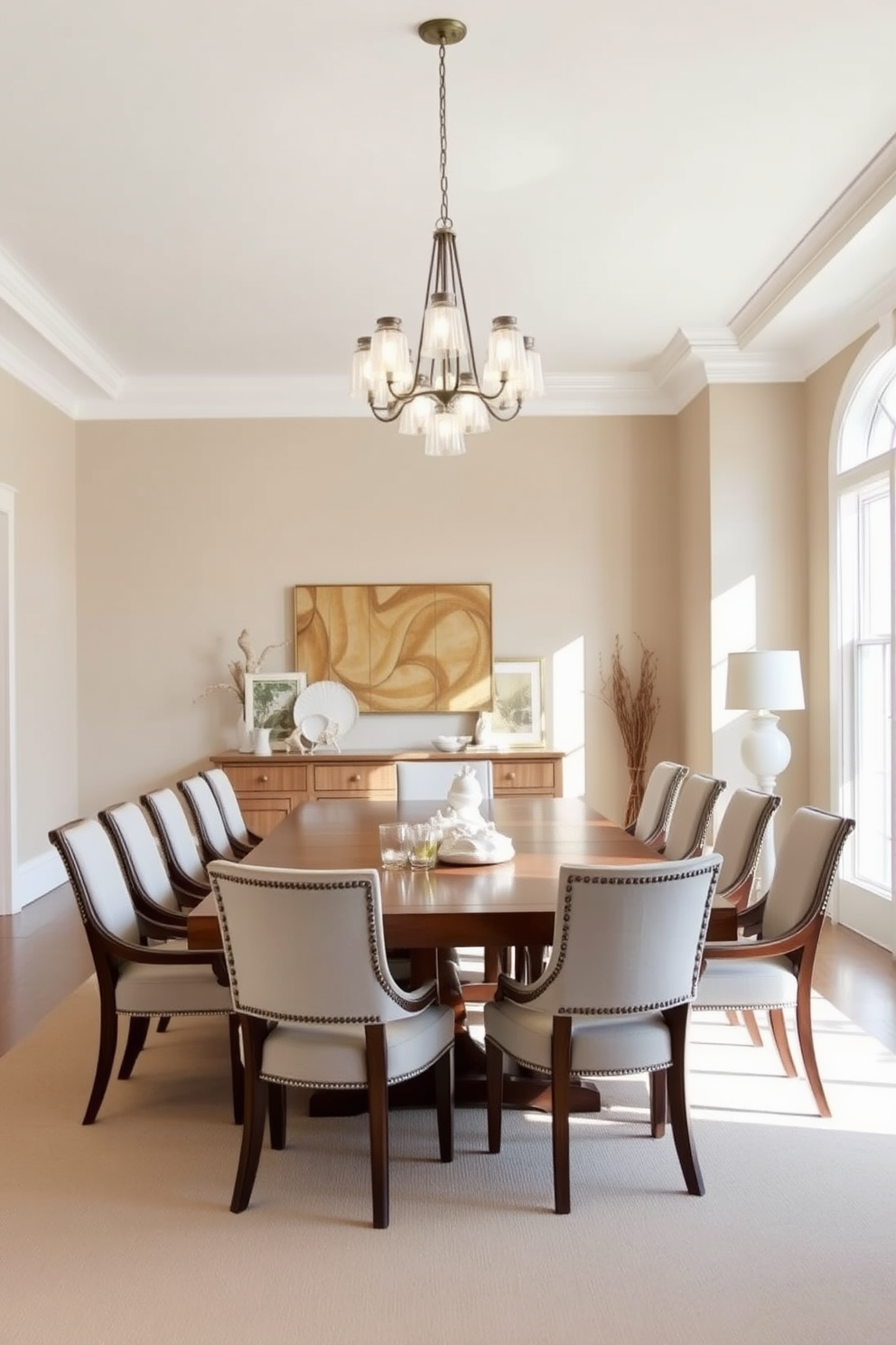 A bright and airy dining room featuring a large wooden table surrounded by elegant upholstered chairs. Above the table, a cluster of glass pendant lights hangs, casting a warm glow and adding a modern touch to the beach-inspired decor. The walls are painted in soft sandy tones, complementing the natural light streaming in through large windows. Coastal accents such as seashells and driftwood are tastefully arranged on a sideboard, enhancing the relaxed beach vibe of the space.