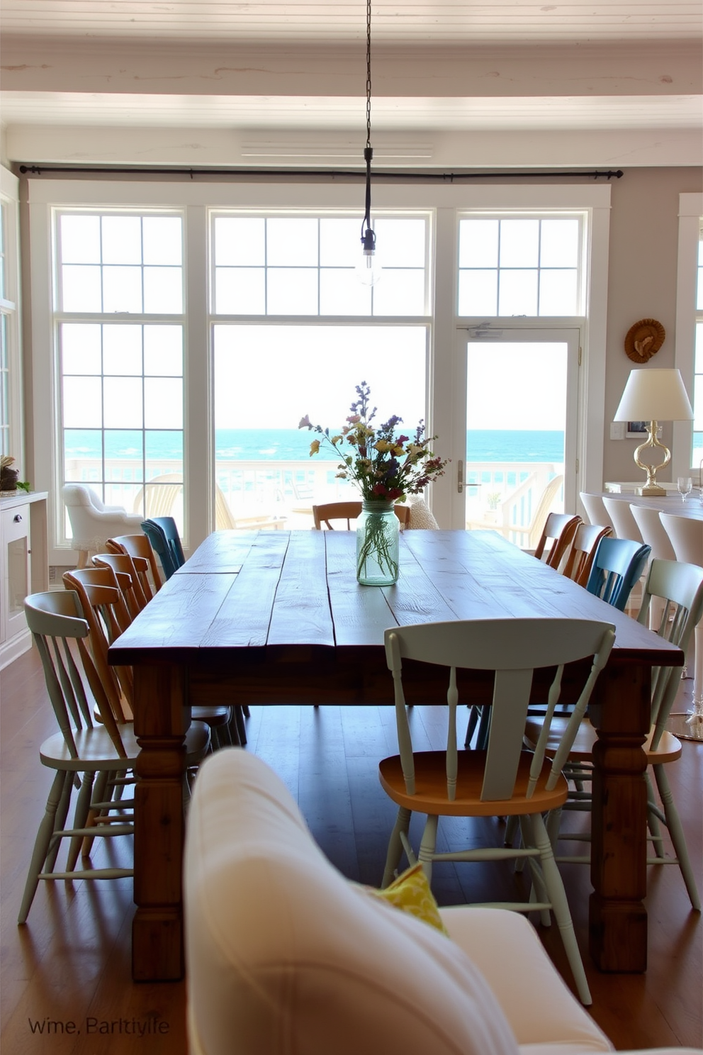 A rustic farmhouse table made of reclaimed wood is surrounded by a collection of mismatched chairs in various styles and colors. The table is set for a casual meal with a centerpiece of wildflowers in a mason jar, creating a warm and inviting atmosphere. The beach dining room features large windows that allow natural light to flood the space, showcasing stunning ocean views. Light-colored furniture and nautical decor elements, such as seashells and driftwood accents, enhance the relaxed coastal vibe.