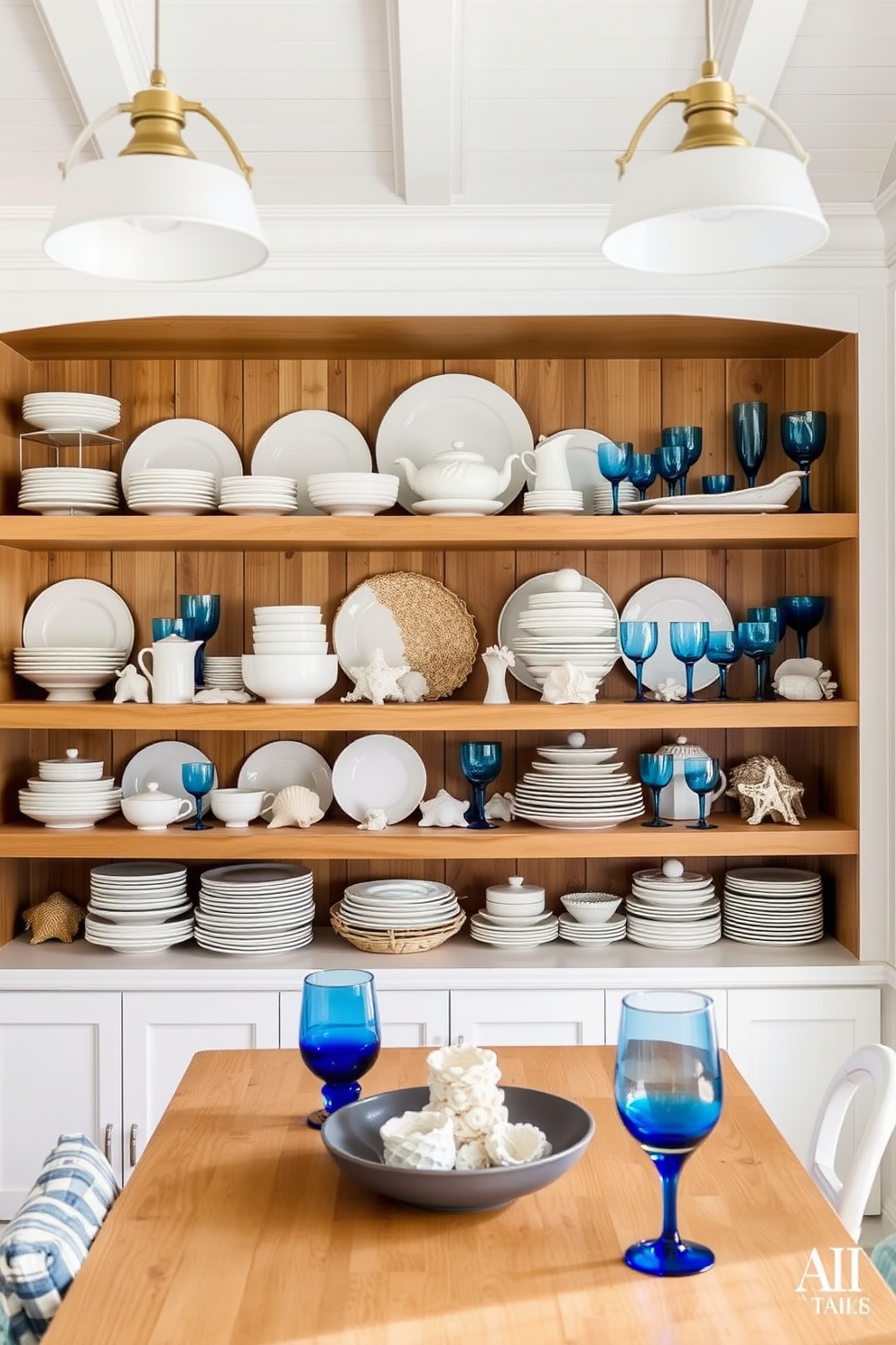 A bright and airy beach dining room featuring open shelving that showcases an array of coastal dishware. The shelves are adorned with white ceramic plates, vibrant blue glasses, and decorative seashells, creating a relaxed seaside vibe.