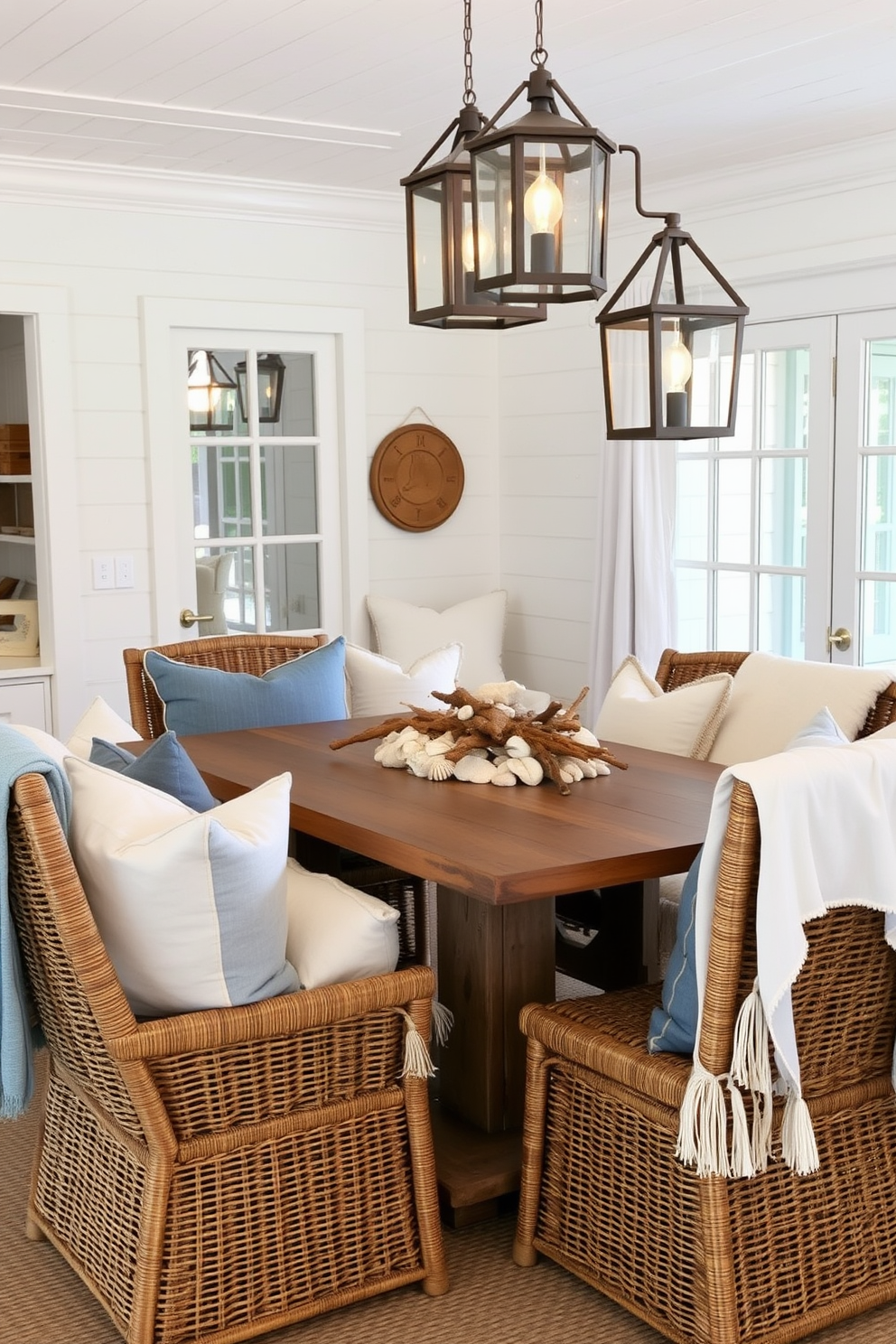 Layered textures create a cozy and inviting atmosphere in a beach dining room. Soft cushions in various shades of blue and white are scattered across the chairs, while lightweight throws drape elegantly over the backs. The dining table features a rustic wooden finish, surrounded by woven chairs that add natural charm. A centerpiece of seashells and driftwood enhances the coastal theme, complemented by soft, ambient lighting from hanging lanterns above.