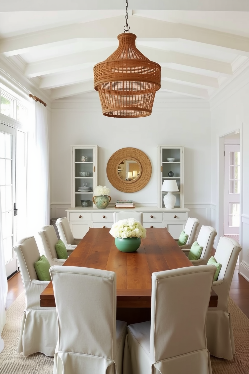 A beach-inspired dining room filled with natural light. The walls are painted in a soft white, with seafoam green accents on the chairs and table linens. A large wooden dining table sits at the center, surrounded by comfortable upholstered chairs in a light fabric. Above the table, a woven chandelier adds a touch of coastal charm, while sheer curtains flutter gently in the breeze.