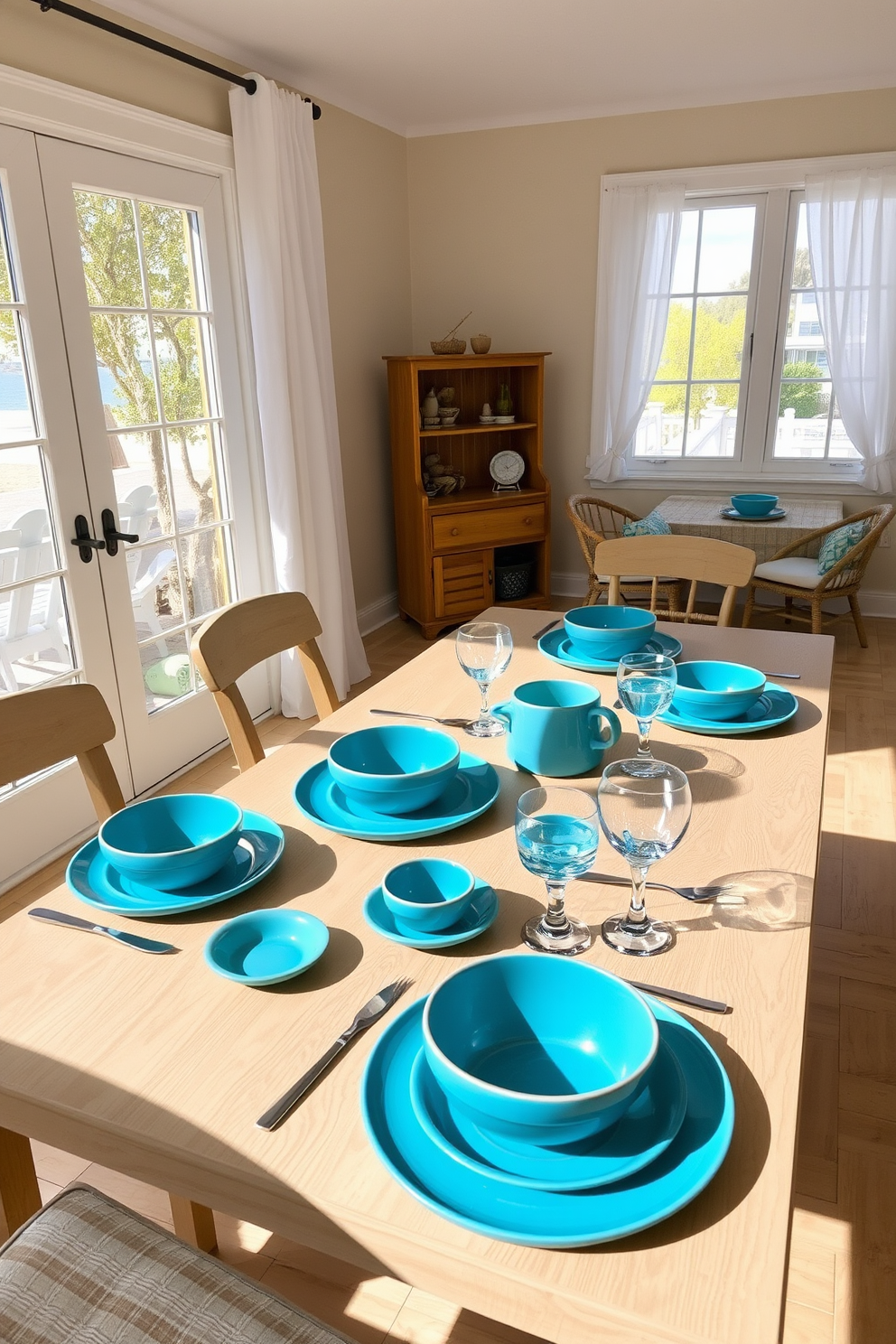 A beach dining room setting featuring ceramic dishes in oceanic colors. The table is set with vibrant blue and turquoise plates, complemented by matching bowls and glasses, all arranged on a light wooden table. Natural light filters through large windows adorned with sheer white curtains. The walls are painted a soft sandy beige, and the floor is covered with light-colored hardwood, enhancing the coastal vibe.