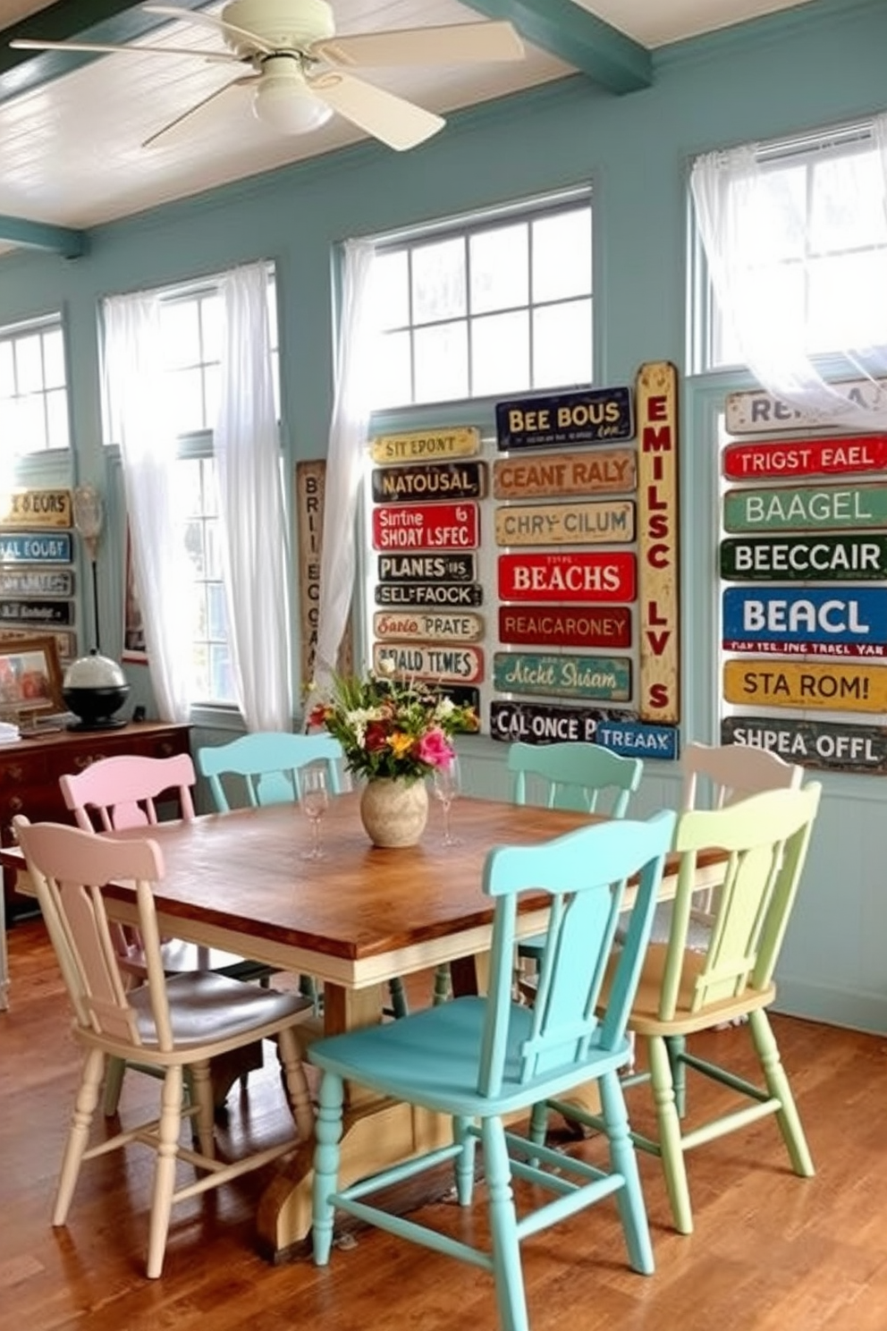 A cozy beach dining room featuring vintage beach signs as wall decor. The walls are adorned with an assortment of colorful, weathered signs that evoke a sense of nostalgia and coastal charm. The dining table is a rustic wooden piece surrounded by mismatched chairs in soft pastel colors. Large windows allow natural light to flood the space, complemented by sheer white curtains that flutter gently in the breeze.