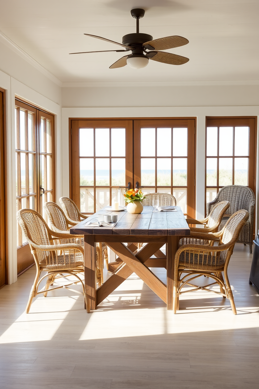 A beach dining room features wicker chairs arranged around a rustic wooden table. The space is illuminated by natural light streaming through large windows, creating a relaxed and inviting atmosphere.