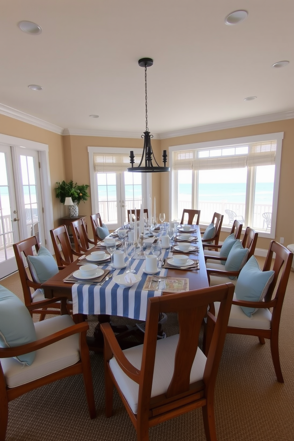 A stylish beach dining room featuring a large wooden table set for a meal. The table is adorned with nautical striped tablecloths and matching napkins, complemented by white dishware and glassware. Around the table, there are comfortable chairs with light blue cushions. The walls are painted in a soft sandy beige, and large windows allow natural light to flood the space, showcasing ocean views.