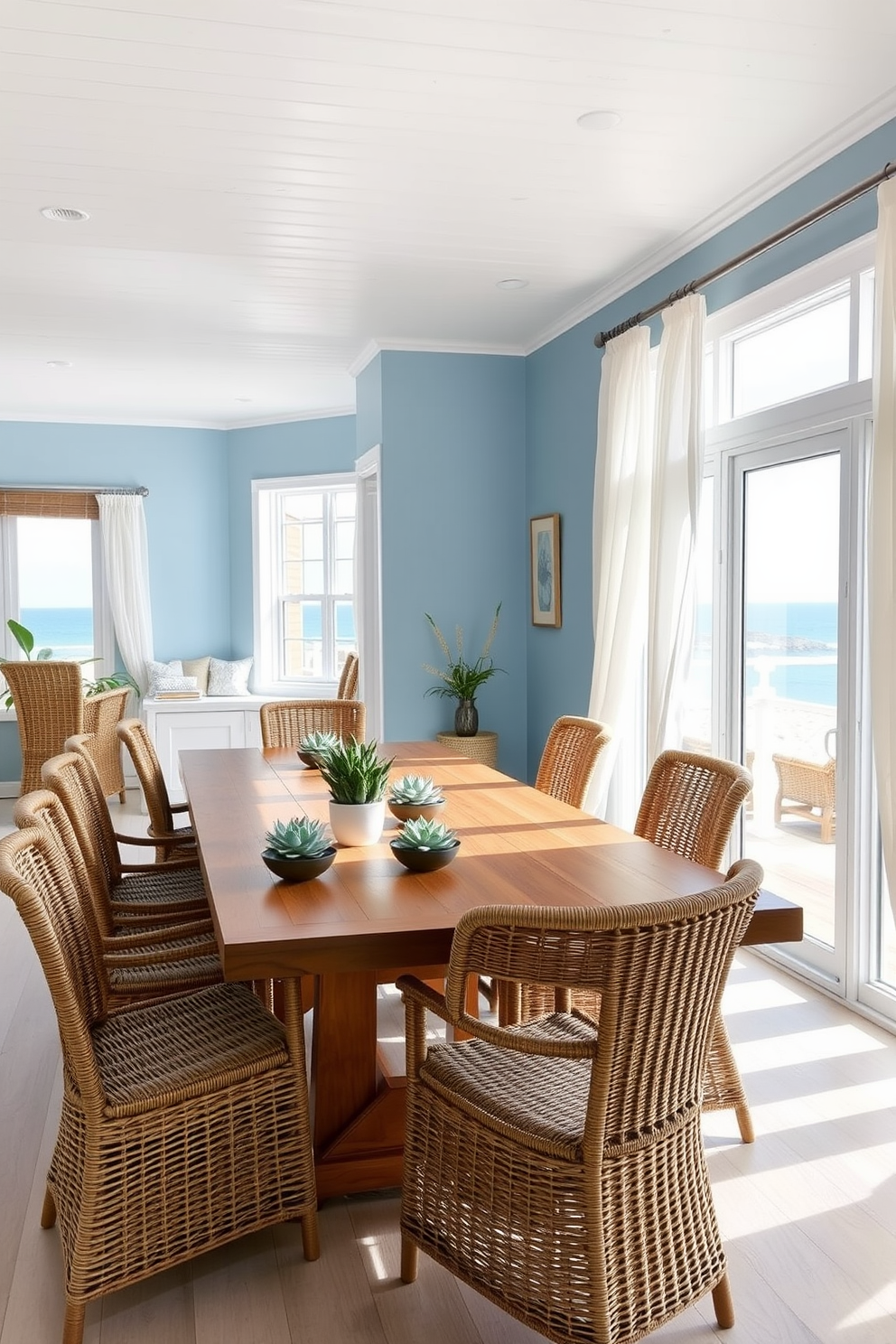 A bright and airy beach dining room features a large wooden dining table surrounded by woven chairs. The walls are painted in a soft blue hue, and large windows allow natural light to flood the space, showcasing views of the ocean. Succulent plants are placed on the dining table and windowsills, adding a fresh touch to the decor. The room is adorned with light, breezy curtains that gently sway with the ocean breeze, enhancing the relaxed coastal vibe.