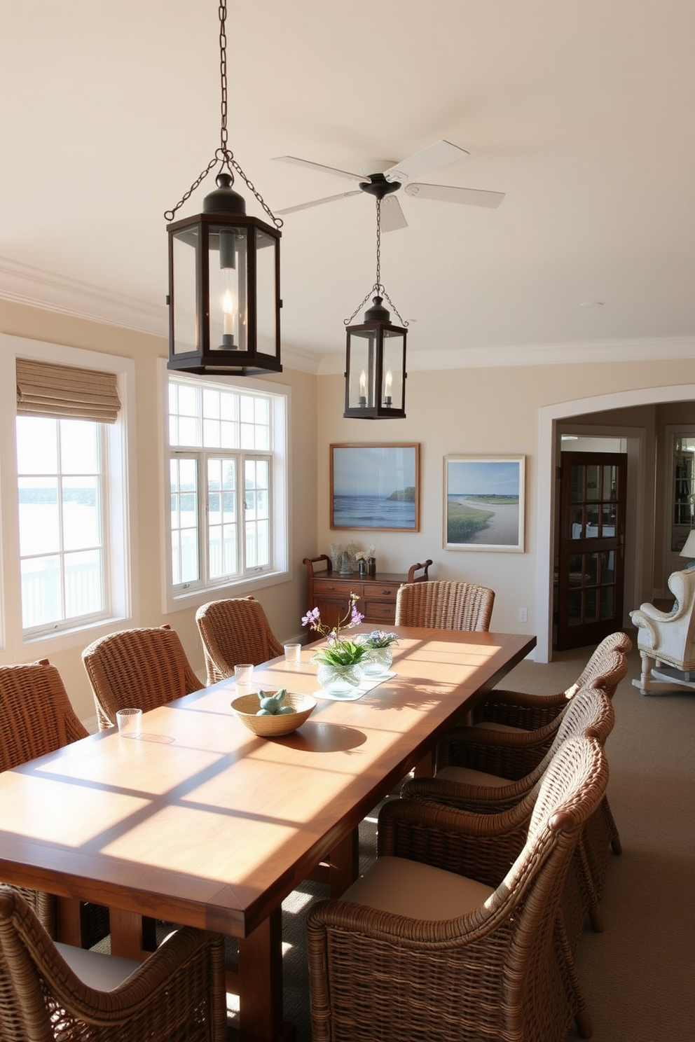 A bright and airy beach dining room features a large wooden table surrounded by comfortable wicker chairs. Above the table, hanging lanterns provide warm ambient lighting, casting a soft glow across the space. The walls are painted in a light, sandy beige, complemented by ocean-inspired decor and artwork. Large windows allow natural light to flood the room, enhancing the relaxed coastal atmosphere.