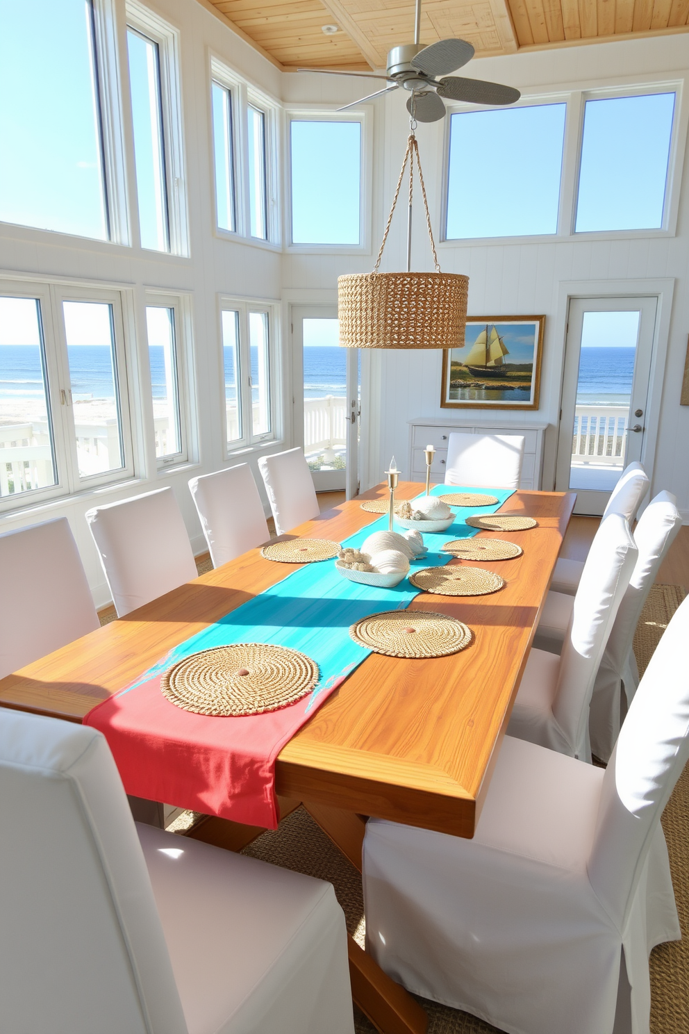 A bright and airy beach dining room features a large wooden table surrounded by white slipcovered chairs. Brightly colored table runners in shades of turquoise and coral create a vibrant contrast against the natural wood tones of the table. The room is adorned with large windows that allow natural light to flood in, showcasing views of the ocean. Nautical-themed decor elements, such as seashell centerpieces and woven placemats, enhance the coastal ambiance.