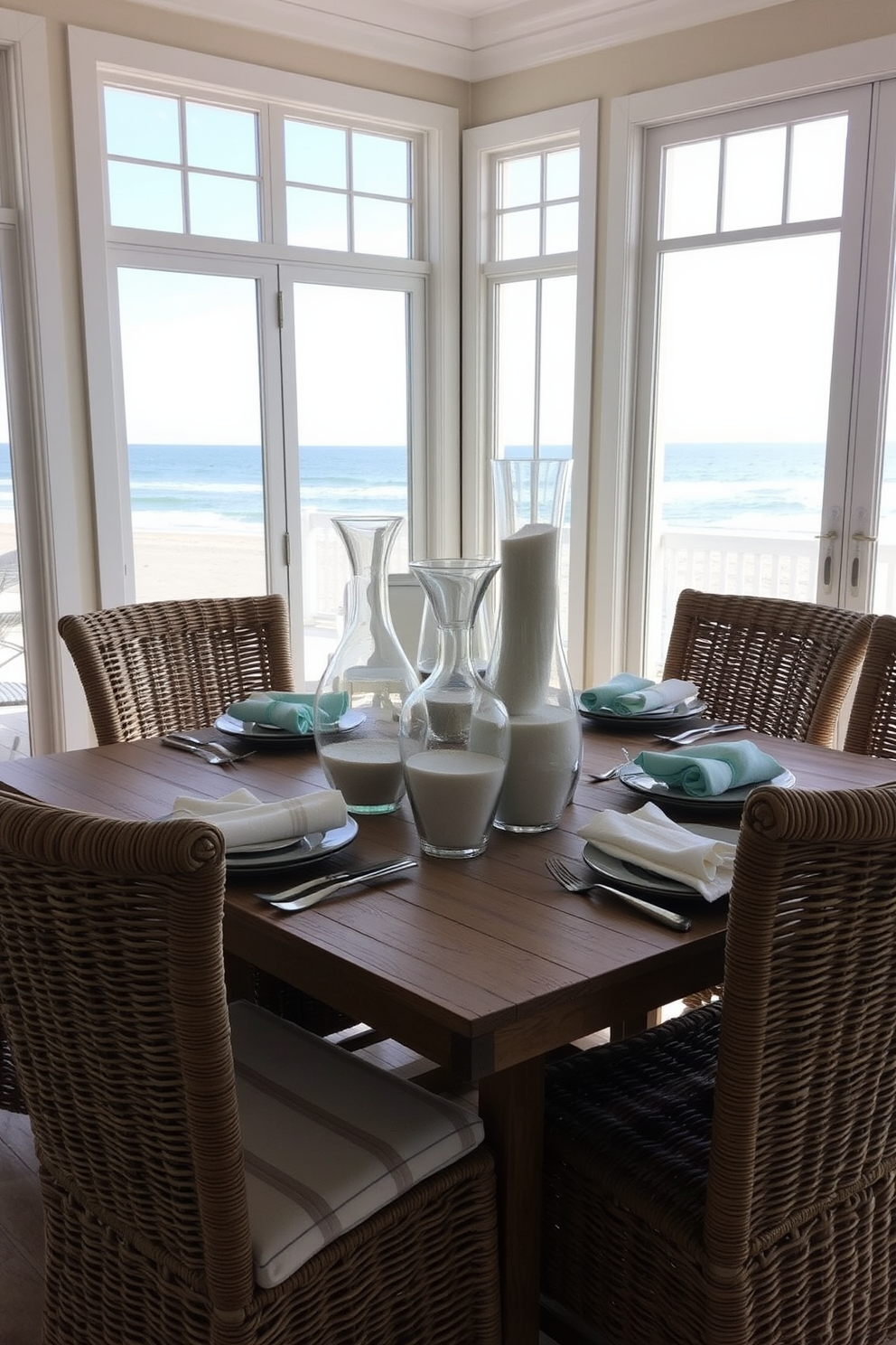 A serene beach dining room setting featuring translucent glass vases filled with sand. The vases are artfully arranged on a rustic wooden dining table surrounded by comfortable wicker chairs. Natural light floods the space through large windows that offer a view of the ocean. Soft blue and white accents are used in the table settings, enhancing the coastal vibe of the room.