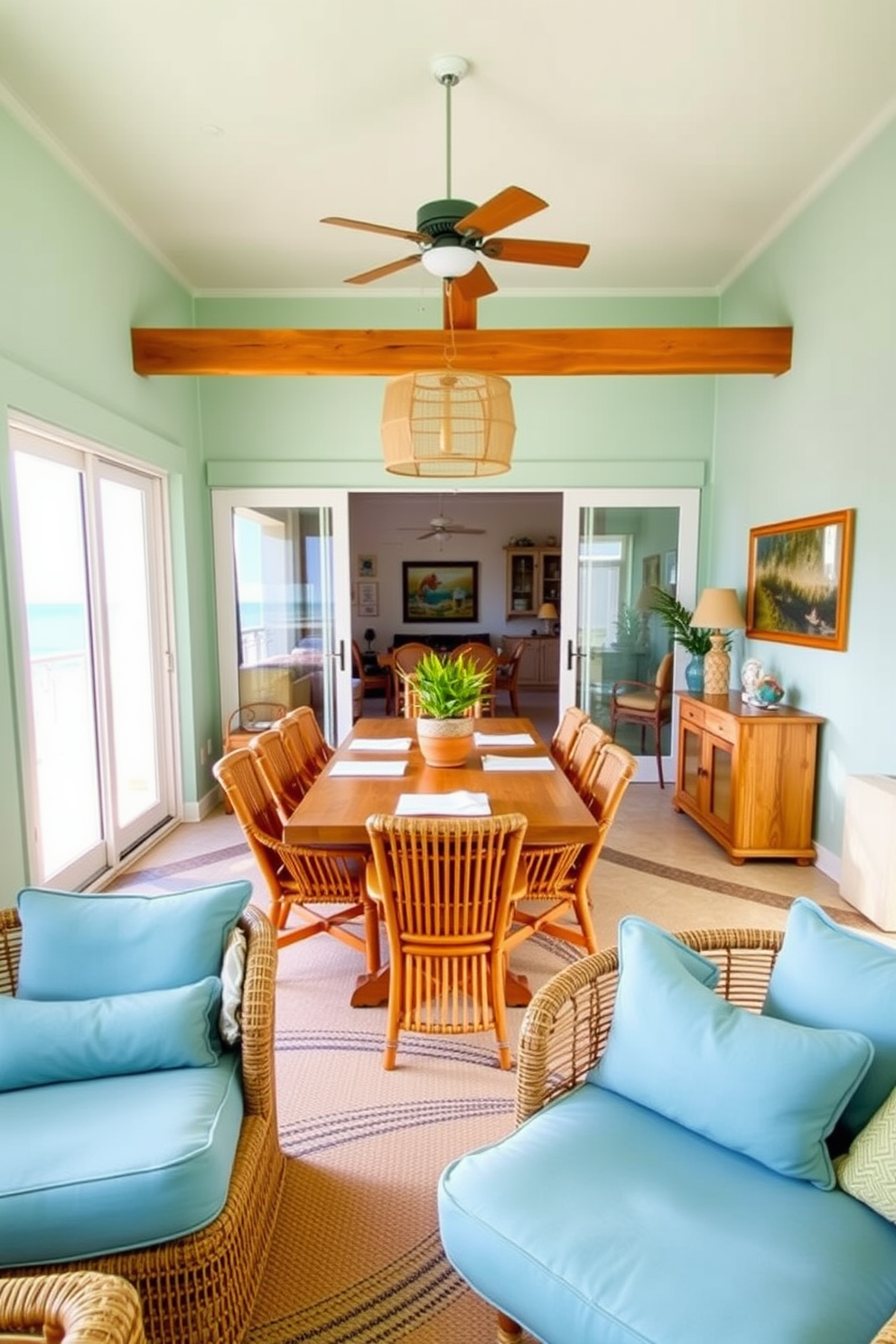 A beach dining room filled with natural light. The space features a large wooden dining table surrounded by comfortable rattan chairs, with bamboo accents throughout the decor. The walls are painted in a soft seafoam green, complementing the sandy beige of the flooring. Large sliding glass doors open to a patio, allowing a gentle ocean breeze to flow through the room.