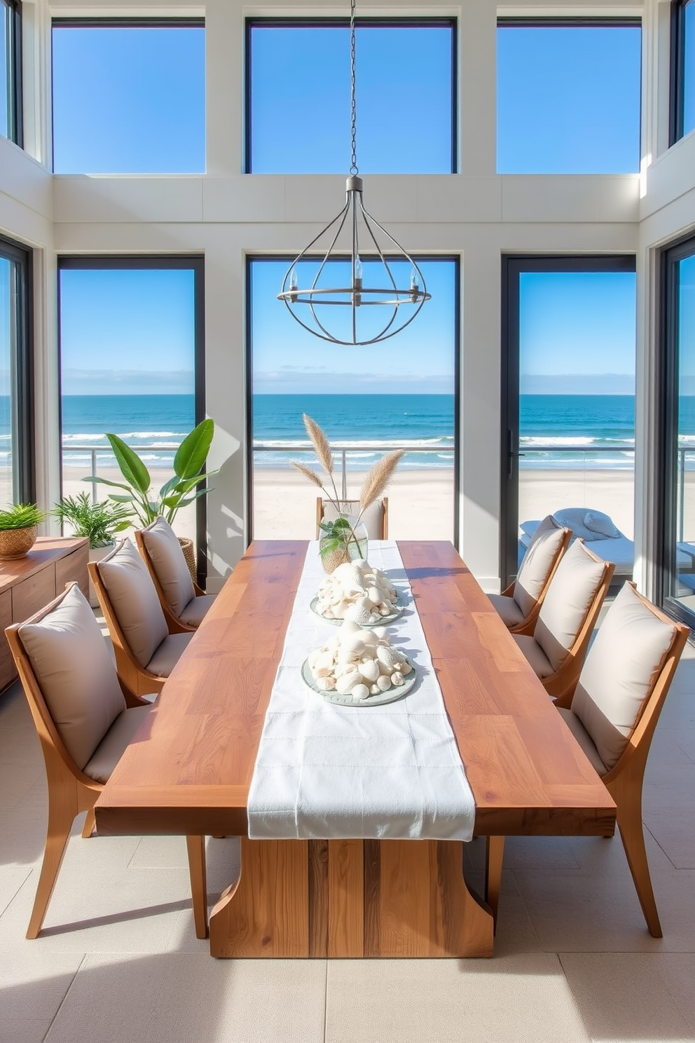 A serene beach dining room featuring minimalist decor that emphasizes natural elements. The table is made of reclaimed wood, surrounded by simple, elegant chairs with soft cushions in muted tones. Large windows allow abundant natural light to flood the space, showcasing a stunning view of the ocean. Decorative elements include potted plants and a centerpiece of seashells arranged on a white linen table runner.