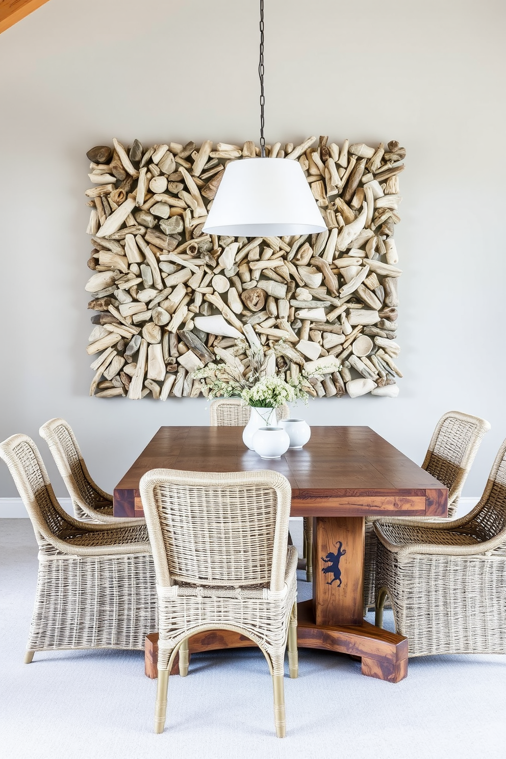 A beach-inspired dining room featuring textured wall art made from driftwood. The table is a rustic wooden piece surrounded by woven chairs, with soft, natural fibers enhancing the coastal ambiance.