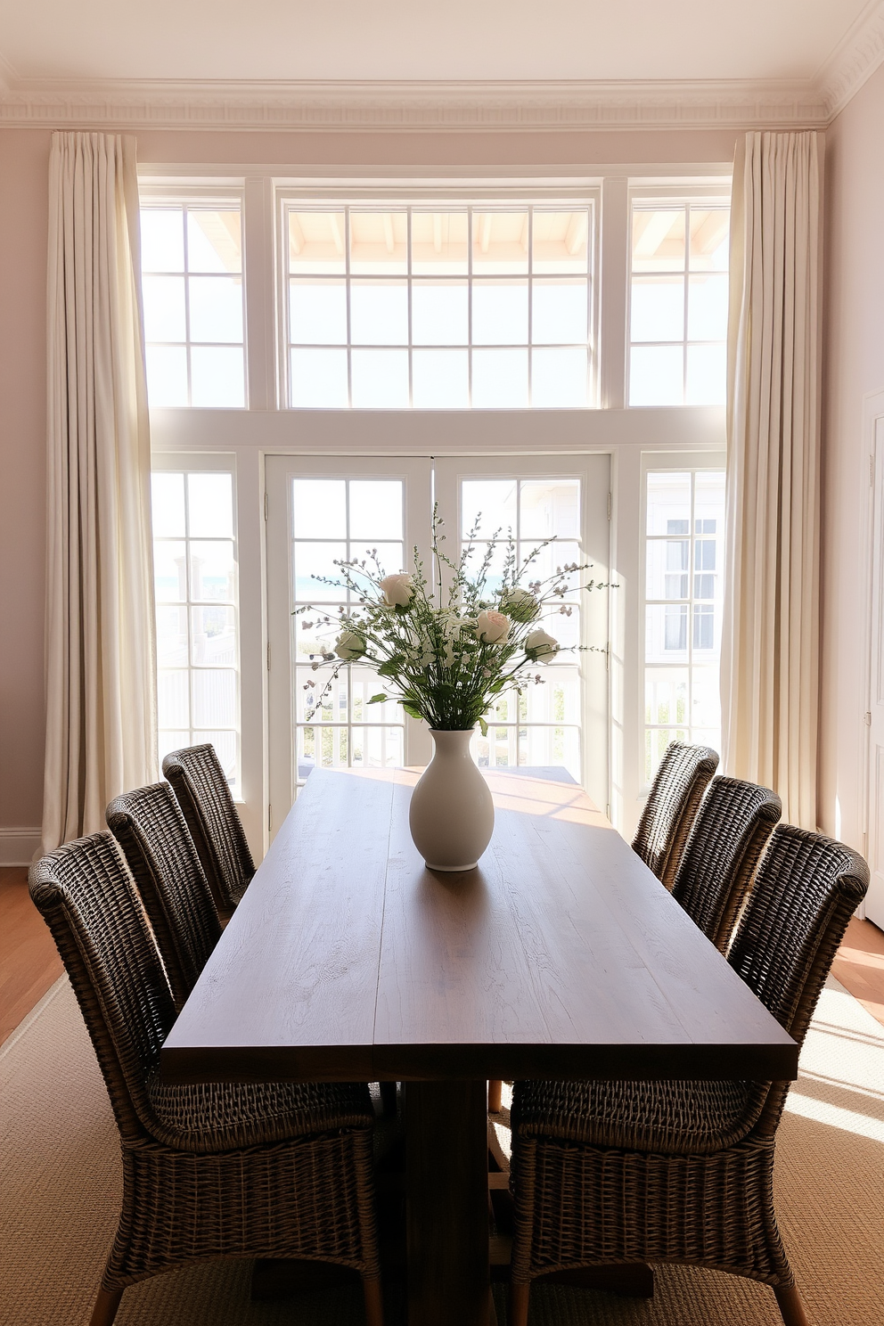 Light and airy curtains gently frame the large windows, allowing natural light to flood the space. The dining room features a large wooden table surrounded by woven chairs, creating a relaxed coastal atmosphere. Soft pastel colors adorn the walls, enhancing the beachy vibe of the room. A centerpiece of fresh flowers in a ceramic vase adds a touch of elegance to the dining experience.