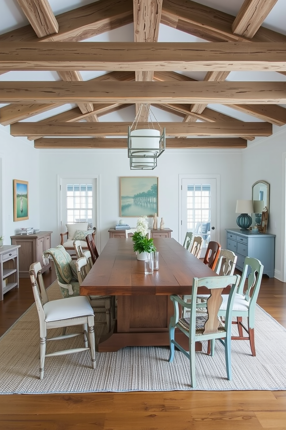 A beach dining room design featuring rustic wooden beams that enhance the coastal atmosphere. The space includes a large wooden dining table surrounded by mismatched chairs, with soft blue and white accents throughout.