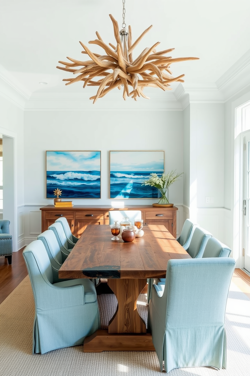 A beach dining room featuring ocean-inspired artwork on the walls. The space is illuminated by natural light streaming through large windows, creating a bright and airy atmosphere. The dining table is made of reclaimed wood, surrounded by comfortable, upholstered chairs in soft blue tones. A statement chandelier resembling driftwood hangs above the table, enhancing the coastal theme.