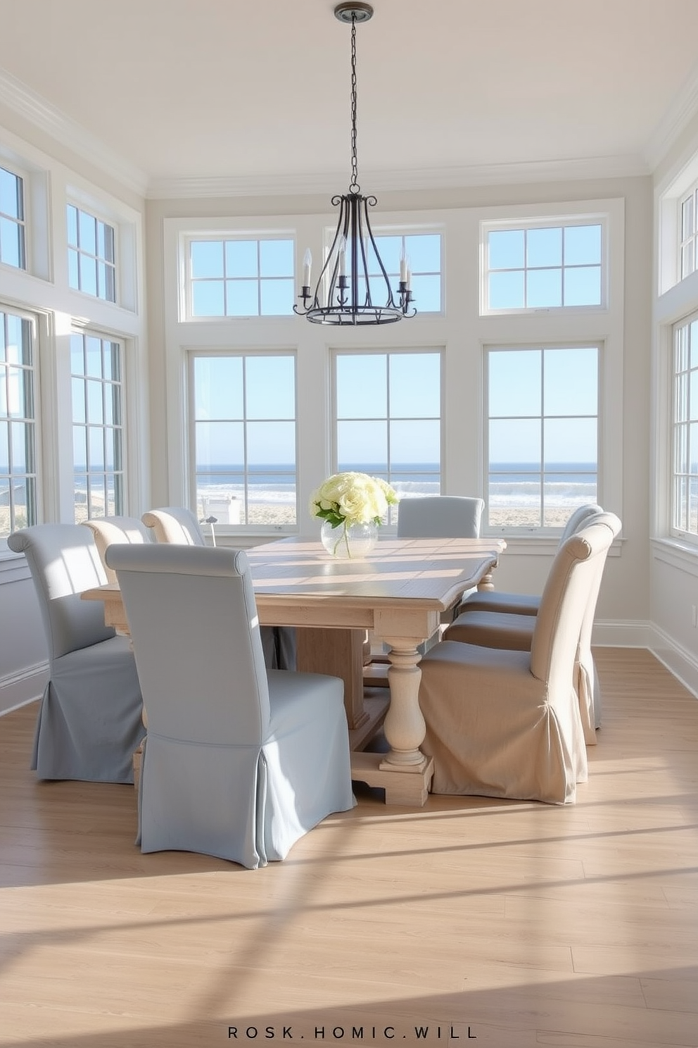 A beach dining room featuring slipcovered chairs in calming shades of soft blue and sandy beige. The table is a distressed white wood with a natural finish, surrounded by a light, airy atmosphere created by large windows letting in ample sunlight.