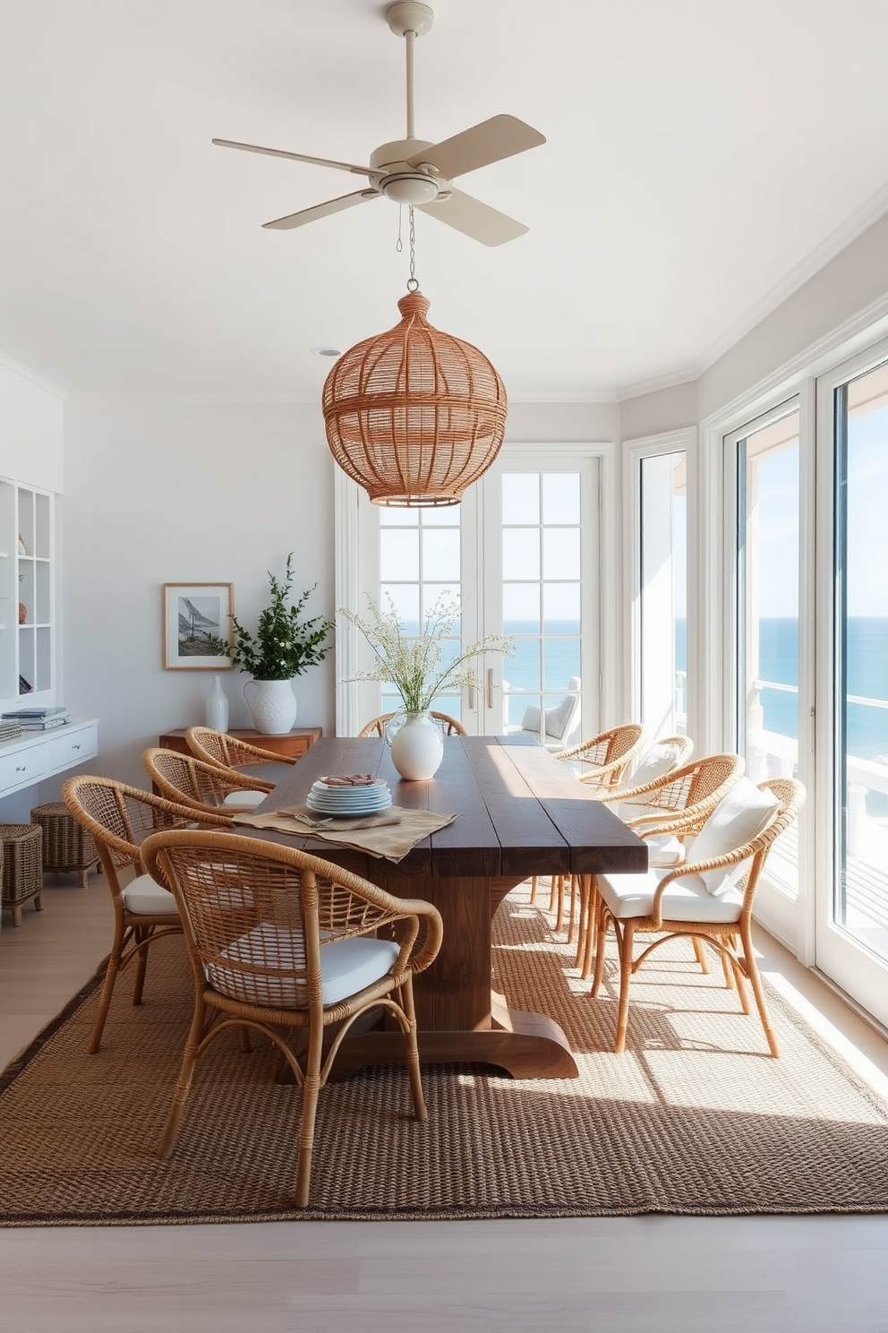 A serene beach dining room featuring natural materials like rattan and linen. The dining table is crafted from reclaimed wood, surrounded by rattan chairs with soft linen cushions. Large windows allow ample natural light to flood the space, offering views of the ocean. Soft, neutral tones dominate the decor, complemented by a woven jute rug underfoot.