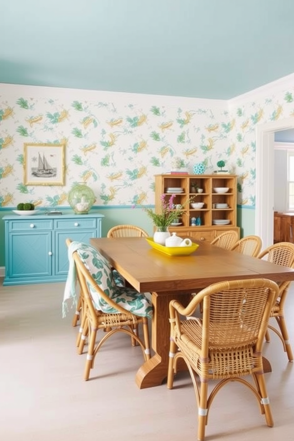 Bright wallpaper featuring coastal motifs adorns the walls, creating a cheerful and inviting atmosphere. A large wooden dining table is surrounded by rattan chairs, enhancing the beachy vibe of the space.