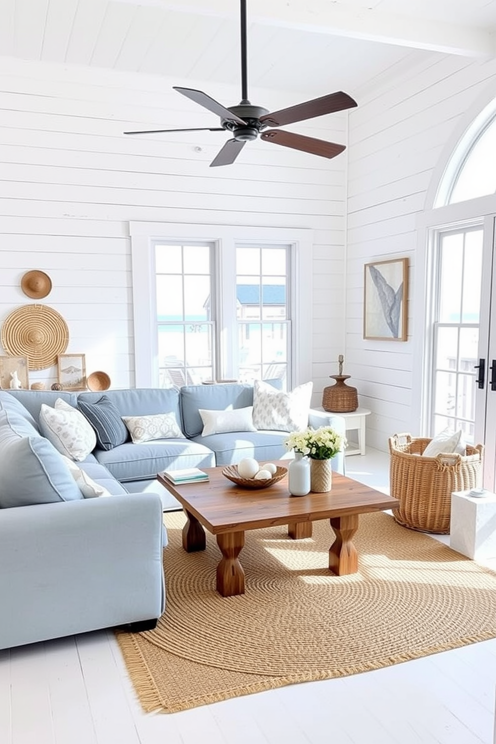 Bright white shiplap walls create a fresh and airy atmosphere in the beach living room. A comfortable sectional sofa in soft blue is paired with a rustic wooden coffee table, while large windows allow natural light to flood the space. Coastal-themed decor accents the room, including woven baskets and seashell-inspired artwork. A jute area rug anchors the seating area, adding warmth and texture to the design.