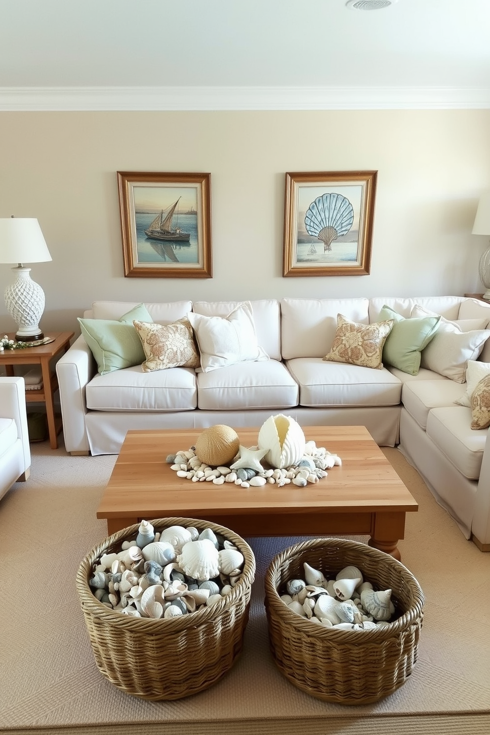 A beachy living room filled with shell decor creates a relaxed and inviting atmosphere. Soft pastel colors dominate the space, with a large sectional sofa adorned with ocean-themed cushions. A natural wood coffee table sits at the center, surrounded by woven baskets filled with seashells and beach finds. The walls are painted in a light sandy hue, and nautical artwork hangs above the sofa, enhancing the coastal vibe.