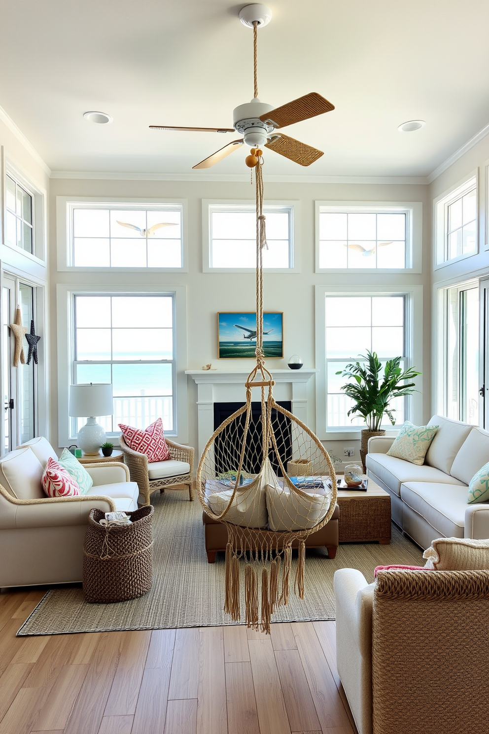 A cozy beach living room features a hammock chair suspended from the ceiling, inviting relaxation and comfort. The room is adorned with light-colored furniture, large windows allowing natural light, and ocean-themed decor elements that enhance the coastal vibe.