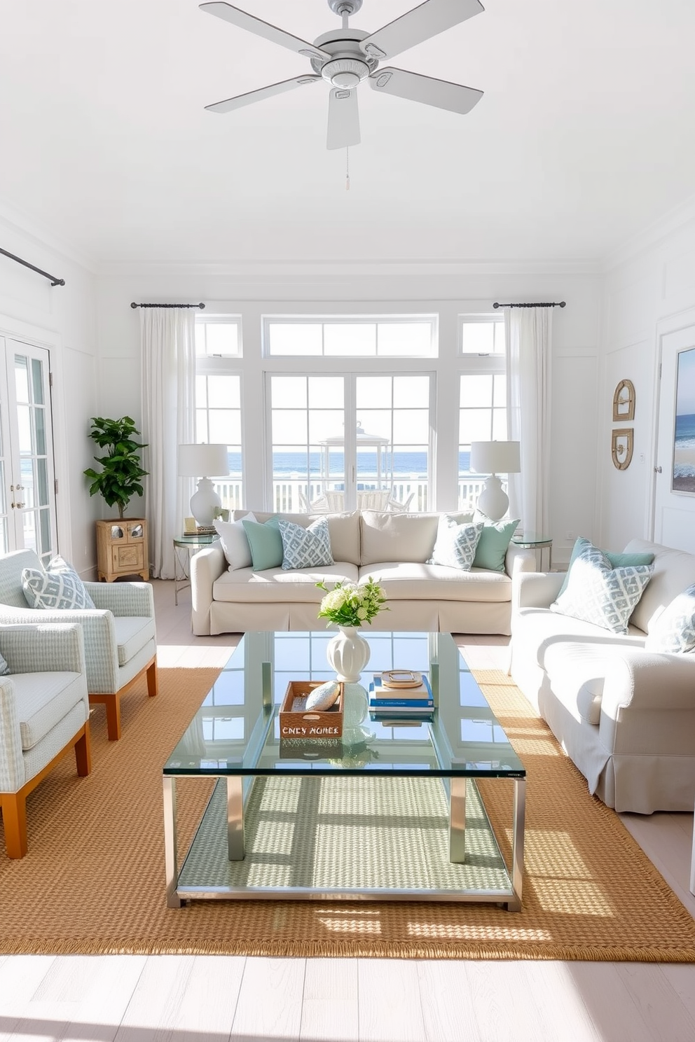 A bright and airy beach living room features a glass coffee table at the center, reflecting natural light and enhancing the open space. Surrounding the coffee table are a comfortable sectional sofa in soft beige and a pair of accent chairs in a light blue fabric, creating a relaxed coastal vibe. The walls are painted in a crisp white, complemented by light wooden accents and nautical-themed decor. Large windows draped with sheer curtains allow for an abundance of sunlight, while a woven rug adds texture to the floor, tying the room together.