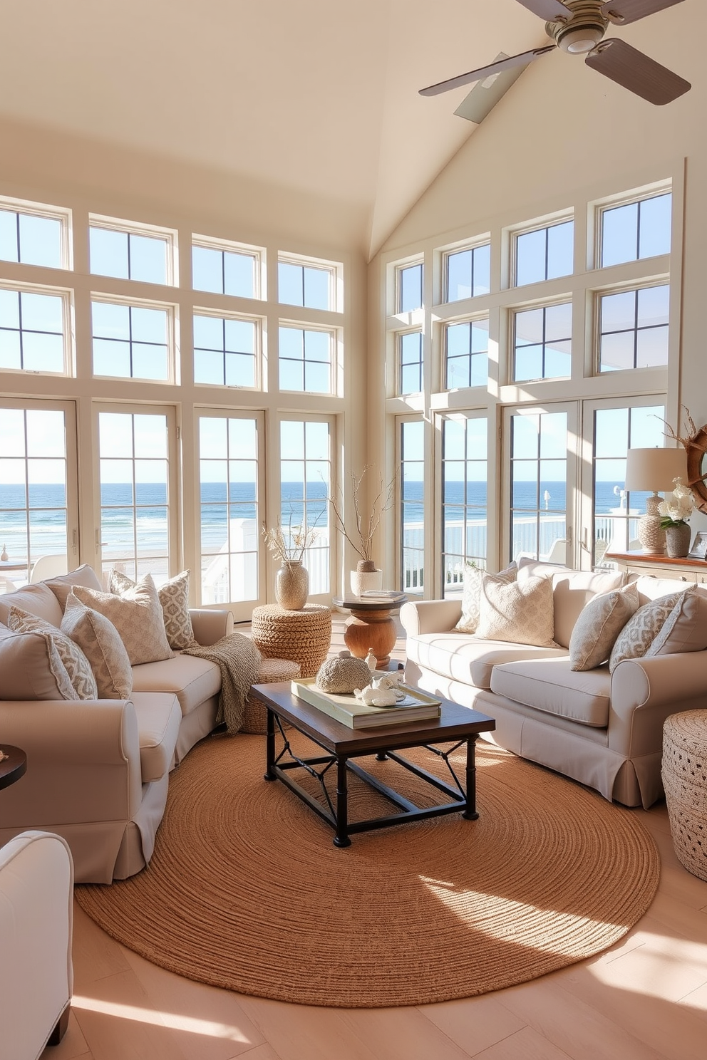 A cozy beach living room featuring sandy beige tones that create a warm and inviting atmosphere. Soft linen sofas are adorned with textured throw pillows in complementary shades, while a jute area rug adds a natural touch underfoot. Large windows allow ample sunlight to flood the space, showcasing views of the ocean and bringing the outdoors in. Coastal-inspired decor elements such as driftwood accents and seashell arrangements enhance the serene beach vibe.