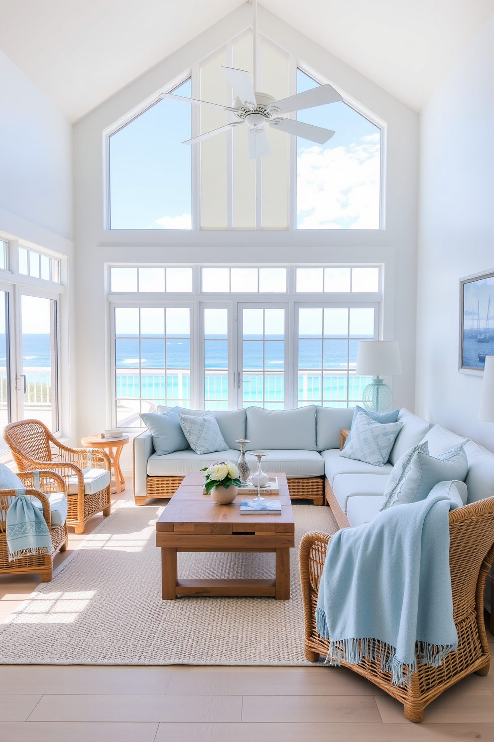 A serene beach living room filled with soft blue accents that evoke calming vibes. The space features a large sectional sofa with light blue cushions, paired with a natural wood coffee table and woven rattan chairs. Large windows allow ample natural light to flow in, showcasing views of the ocean. The walls are painted in a crisp white, complemented by nautical-themed artwork and light blue throw blankets draped over the furniture.