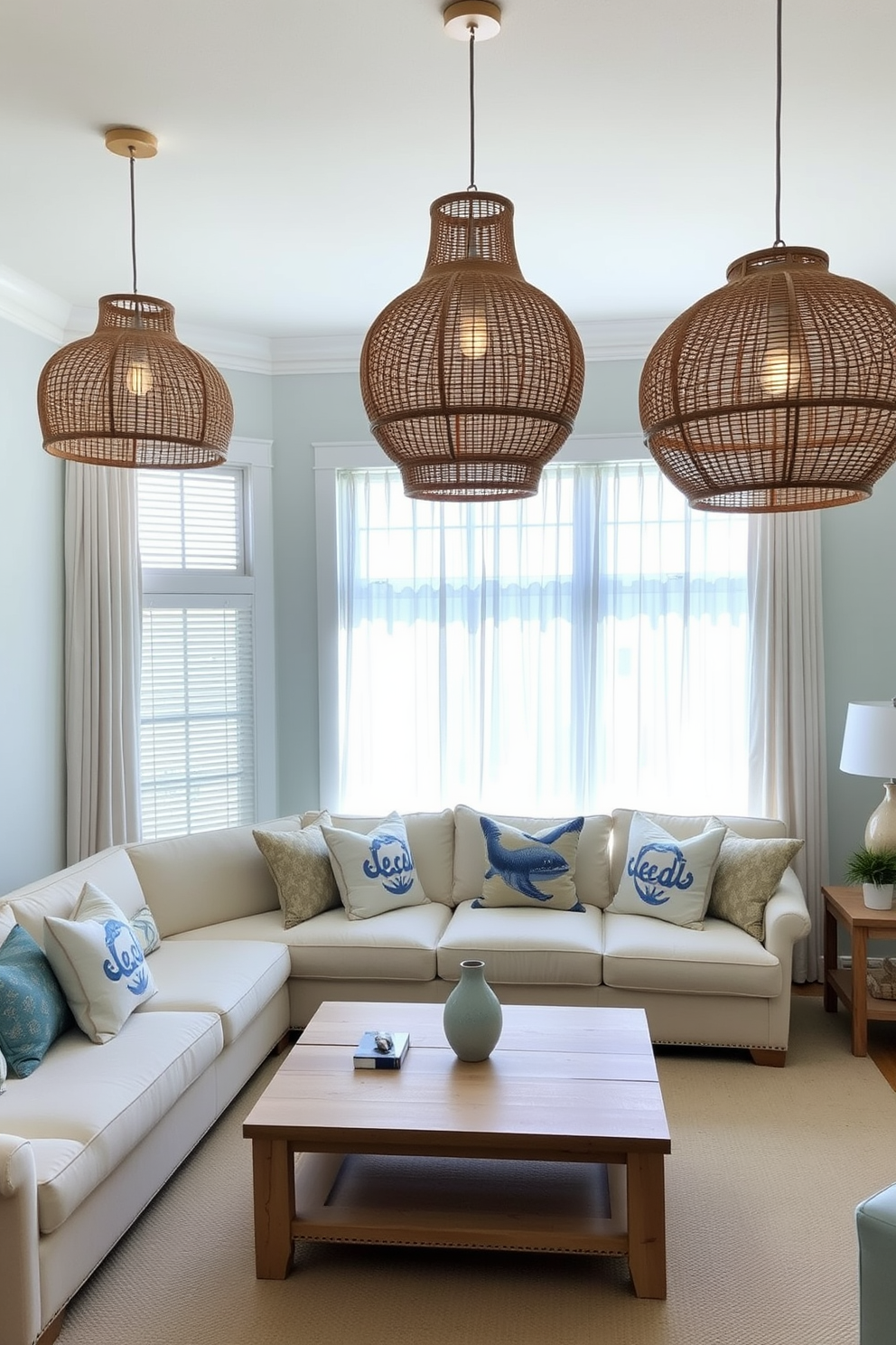 A beach-inspired living room featuring statement lighting fixtures that evoke a coastal vibe. The space includes a large, airy window with sheer white curtains, allowing natural light to flood in and highlight the soft blue and sandy beige color palette. The room is furnished with a comfortable sectional sofa adorned with ocean-themed throw pillows and a light wooden coffee table. Hanging from the ceiling are unique pendant lights made of woven rattan, adding texture and warmth to the inviting atmosphere.