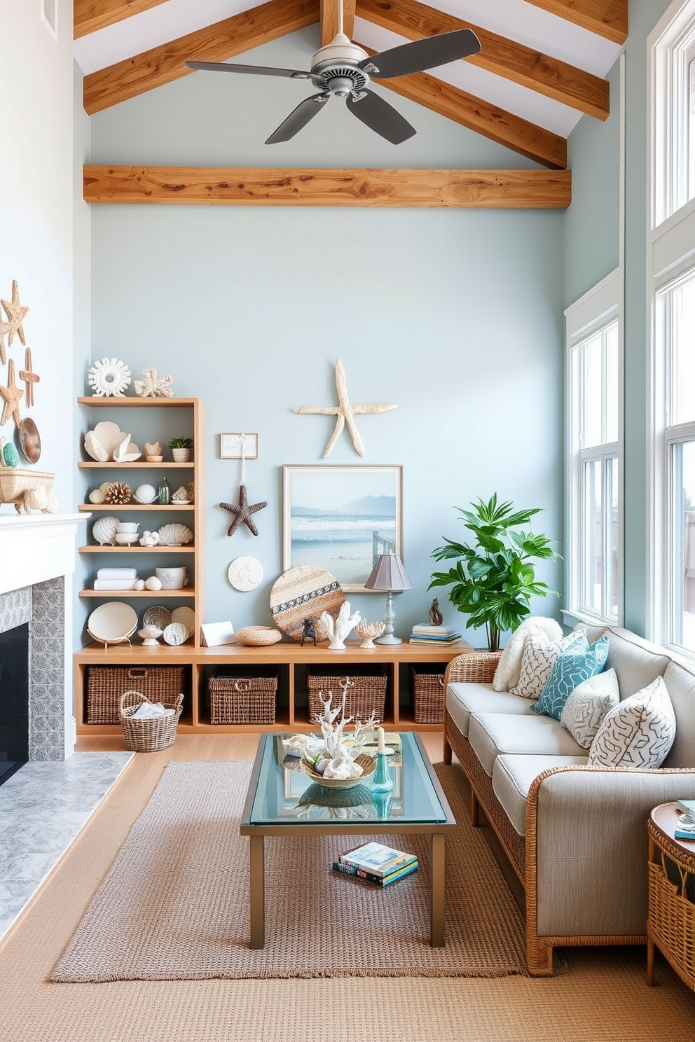 A bright and airy beach living room features open shelving adorned with an array of beach treasures like seashells, driftwood, and coral. The walls are painted in a soft pastel blue, and natural light floods the space through large windows, creating a serene and inviting atmosphere.