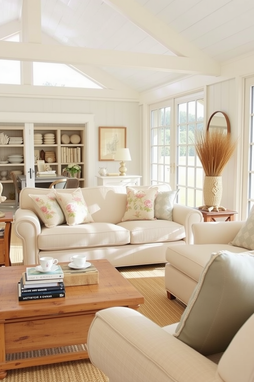 Cottage style decor features soft pastel colors and natural materials. A comfortable overstuffed sofa is adorned with floral-patterned pillows, while a wooden coffee table holds a stack of books and a teacup. In a beach living room design, large windows allow natural light to flood the space. Light-colored furniture complements sandy tones, and nautical accents like seashells and driftwood enhance the coastal vibe.