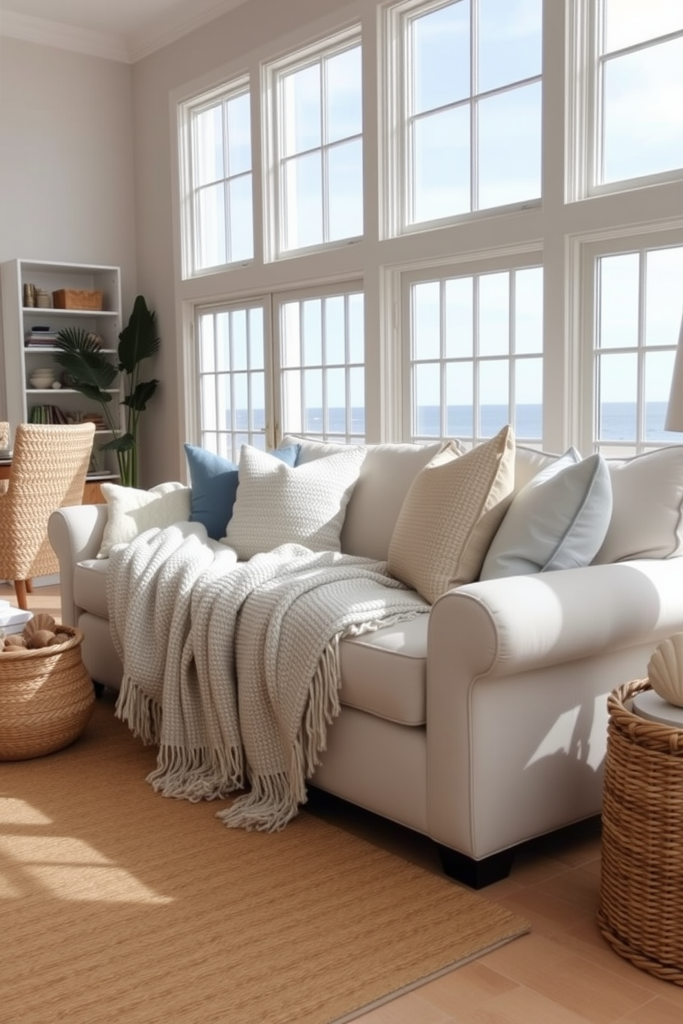 A cozy beach living room featuring soft textured throws draped over a light-colored sofa. The room is filled with natural light, with large windows showcasing ocean views and sandy hues throughout the decor. Incorporate woven baskets for storage and a jute rug underfoot to enhance the coastal vibe. Accent pillows in shades of blue and white add a refreshing touch, while seashell decor completes the beach-inspired aesthetic.