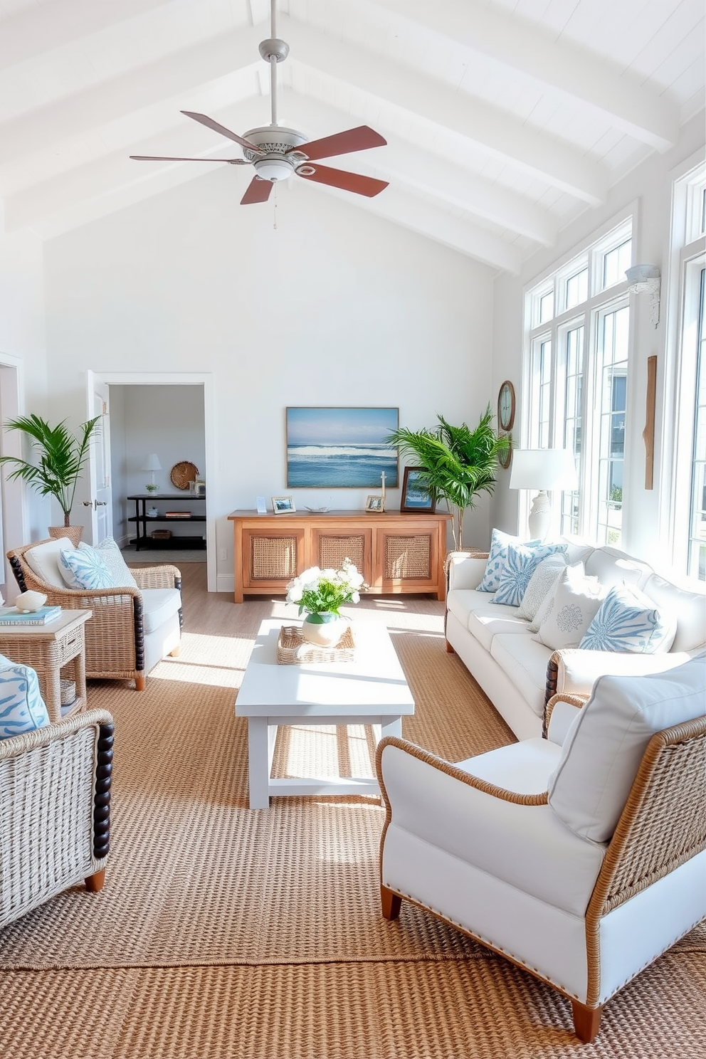 A bright and airy beach living room features seagrass rugs that add an organic touch to the space. Large windows allow natural light to flood in, highlighting the soft blue and white color palette of the furnishings. Cozy seating arrangements with plush sofas and wicker chairs create an inviting atmosphere. Nautical-themed decor, such as driftwood accents and ocean-inspired artwork, enhances the coastal vibe of the room.