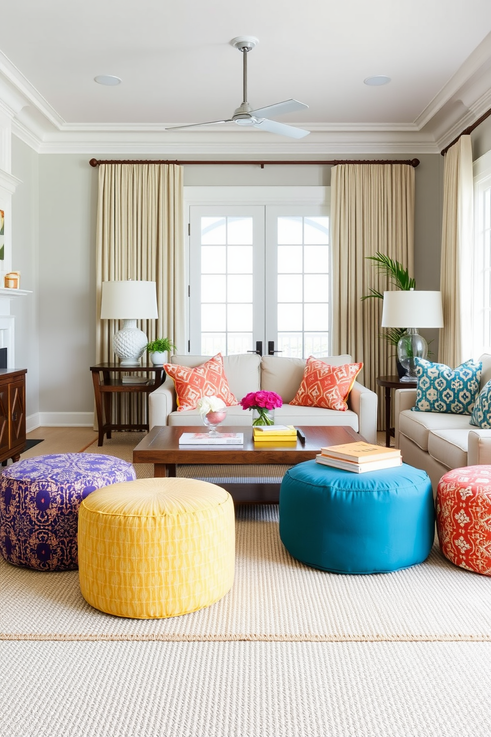 Stylish poufs for extra seating options. The poufs are upholstered in vibrant fabrics, adding a pop of color to the room. Beach living room design ideas. The space features light, airy furnishings with a color palette inspired by sandy shores and ocean blues.